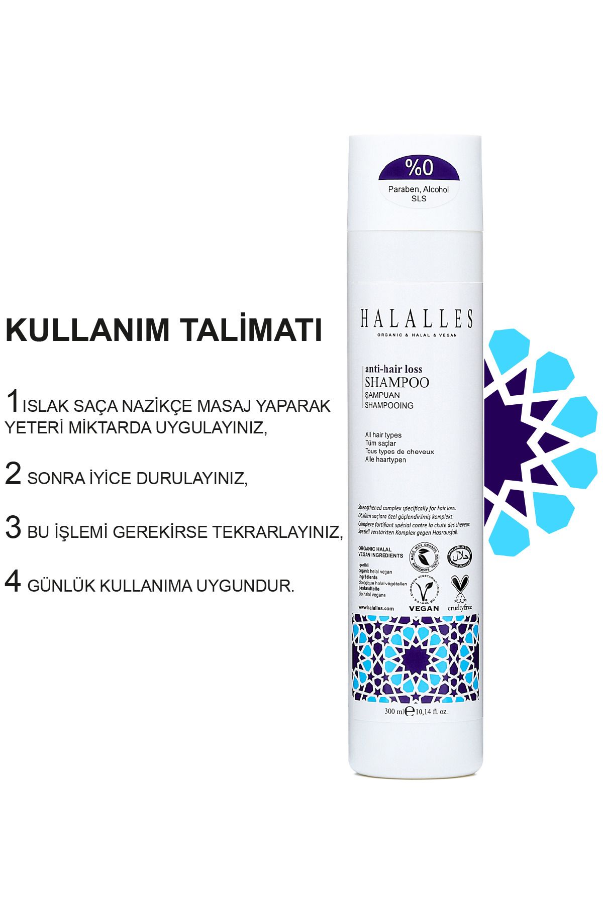 Halalles Saç Dökülmesine Karşı Şampuan – Sülfatsız & Vegan Formül 300 ml-7