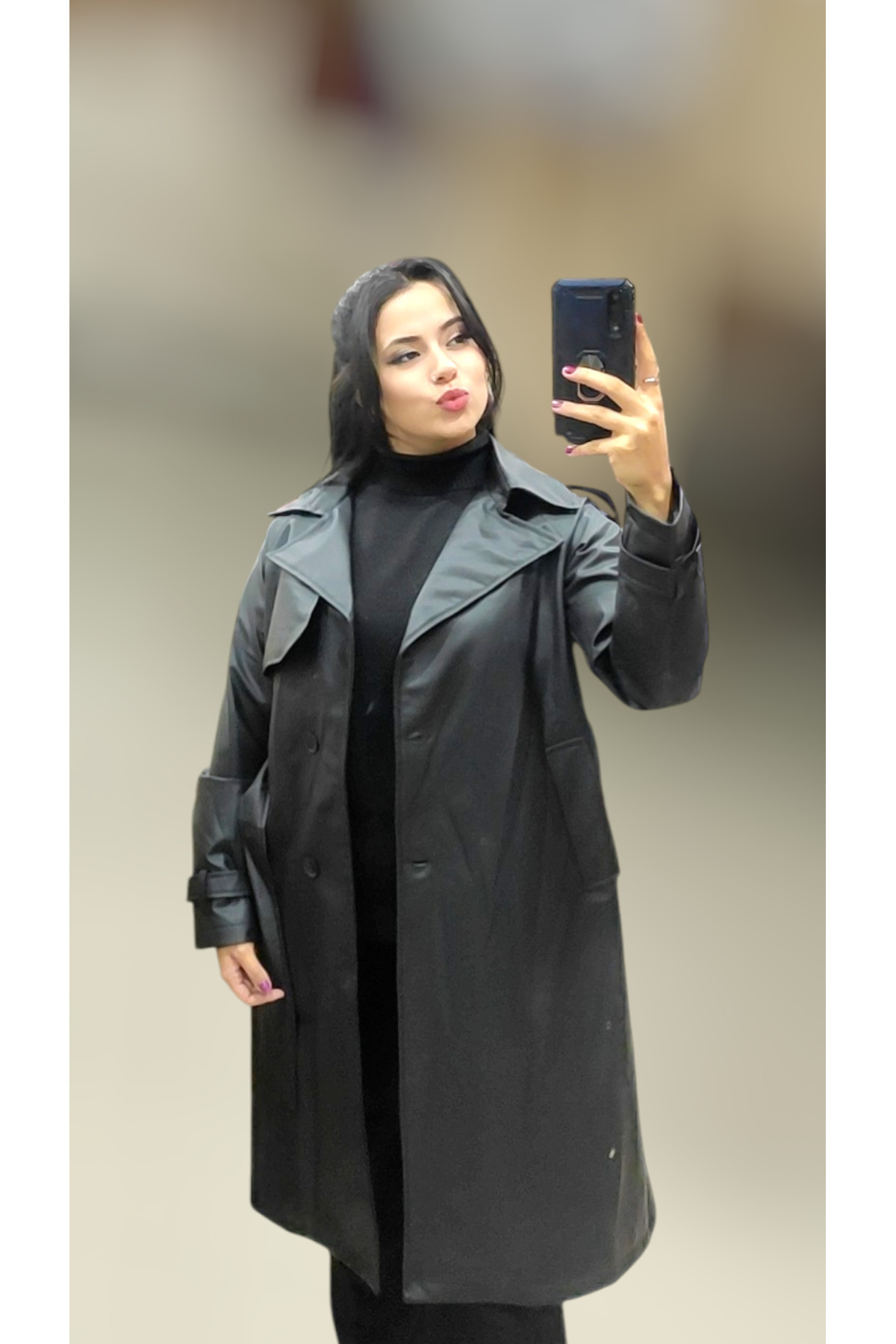 Sublime Butik Kadın Siyah Deri Kuşaklı Düğmeli Palto görsel 3