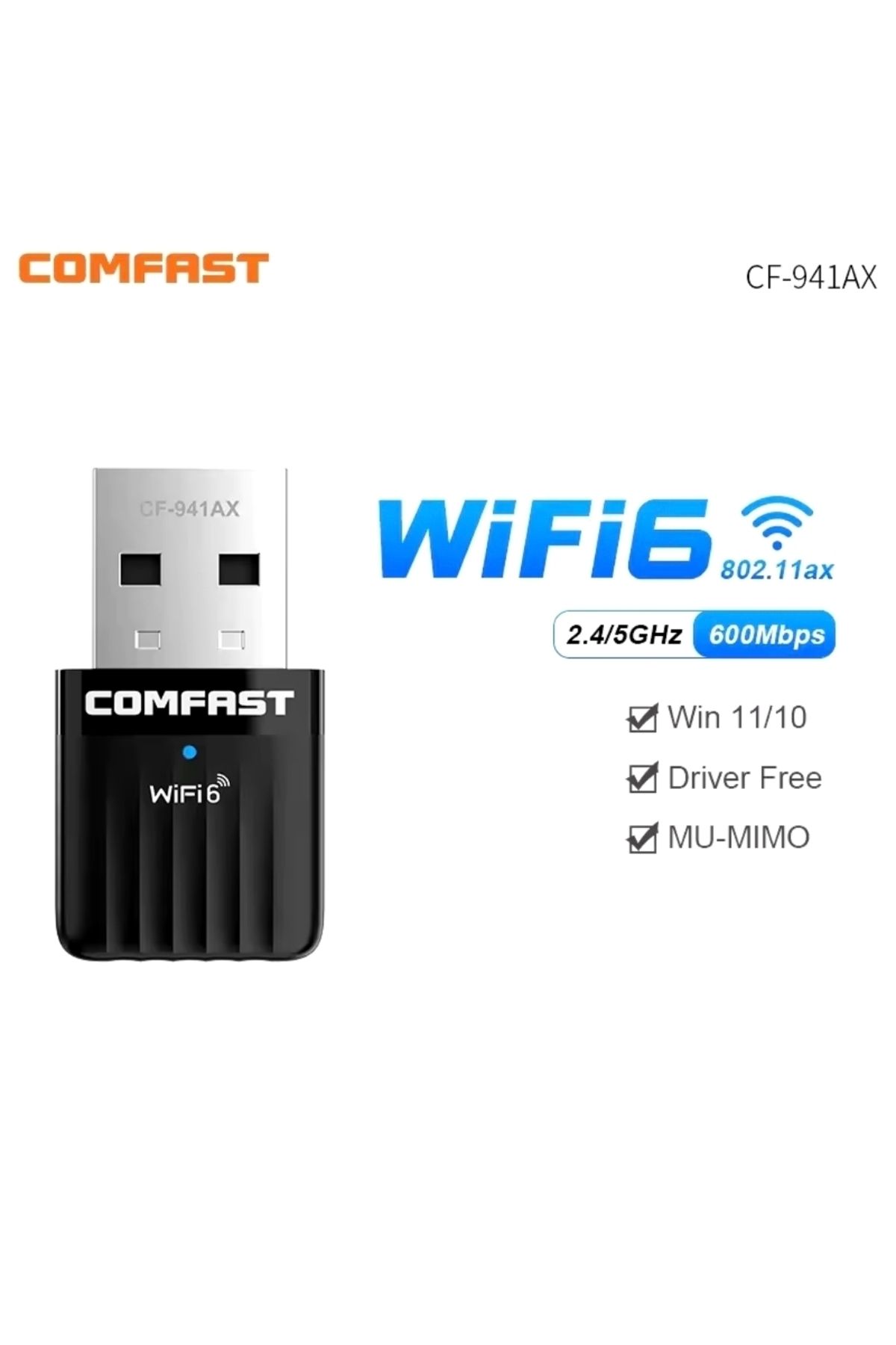 Comfast 941AX Wifi-6 Mini Wifi Adaptörü CE Sertifikalı Süper Hızlı 600Mbps Çift Bant /5Ghz/2.4Ghz