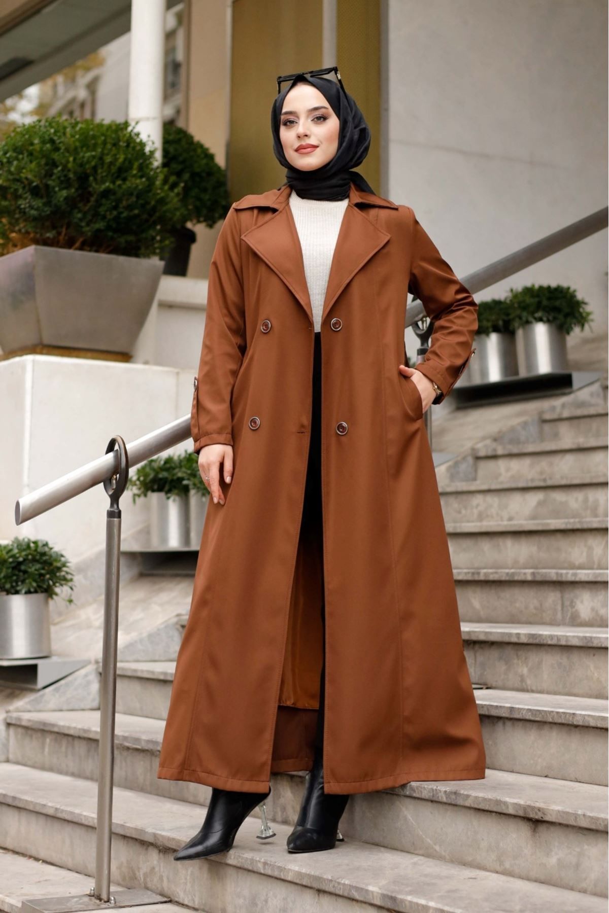 ALNİSS COLLECTİON-Lined Belt Detailed Full Length Trench Coat Top Coat 5