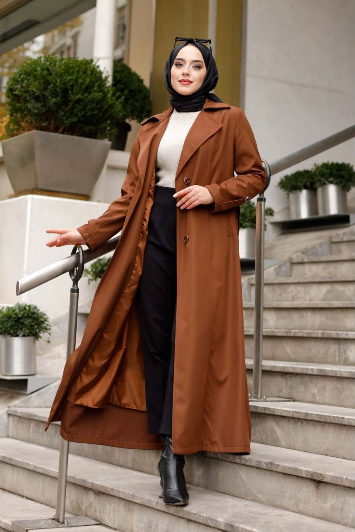 ALNİSS COLLECTİON-Lined Belt Detailed Full Length Trench Coat Top Coat 4