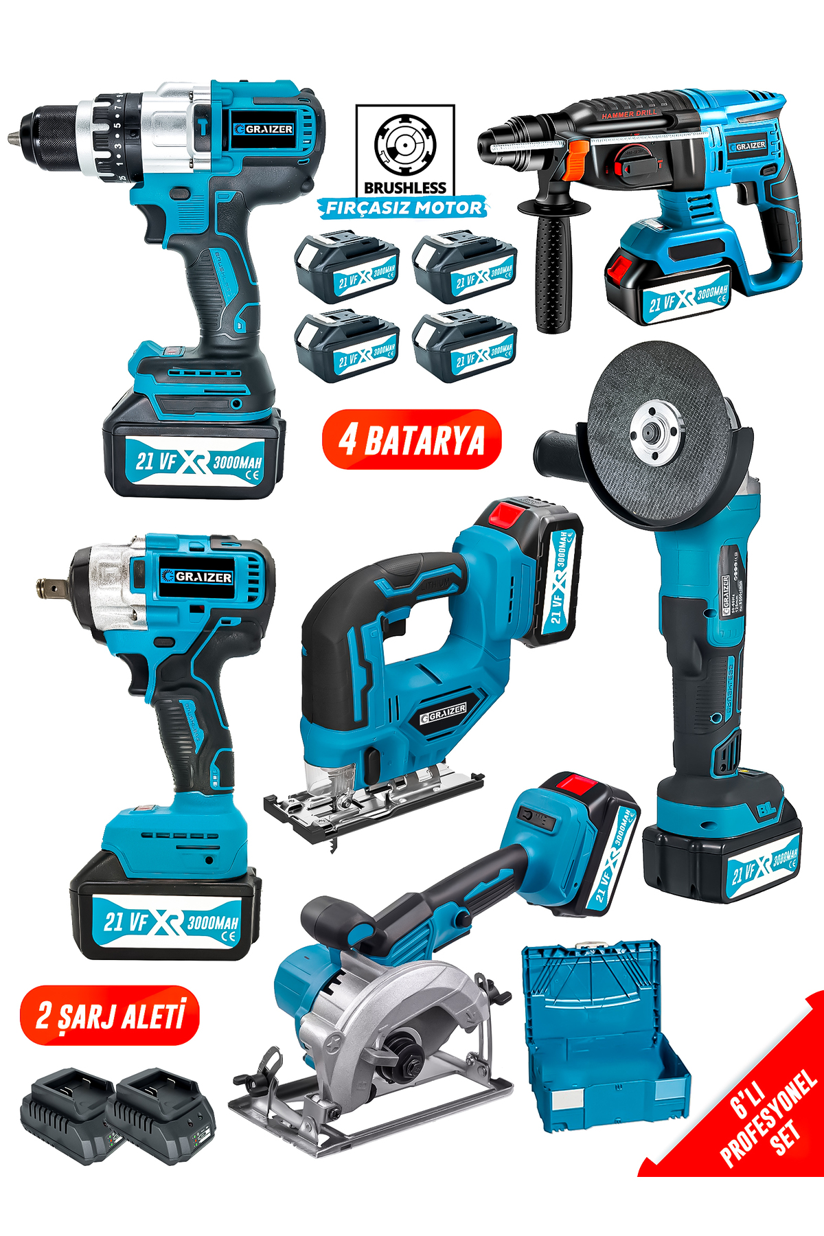 Graizer Combo Set Kömürsüz Akülü Vidalama Somun Taşlama Testere