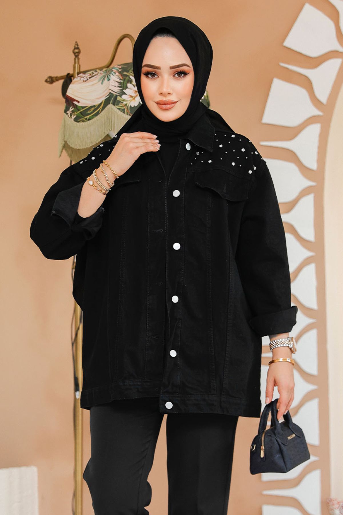 Neva Style-Buttoned Black Hijab Denim Jacket 10003S 3