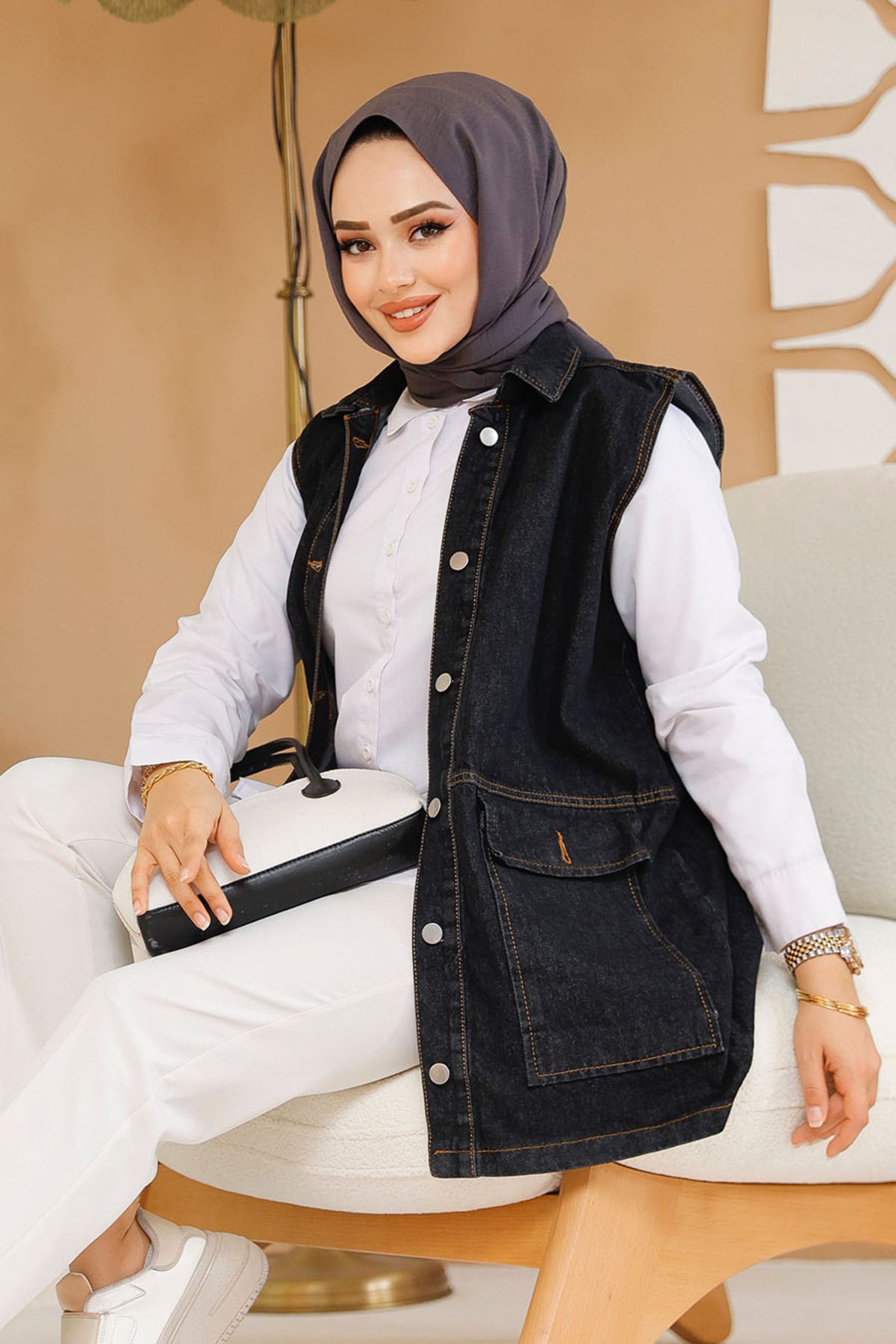 Neva Style-Dark Anthracite Buttoned Hijab Vest - 20444Kant 3