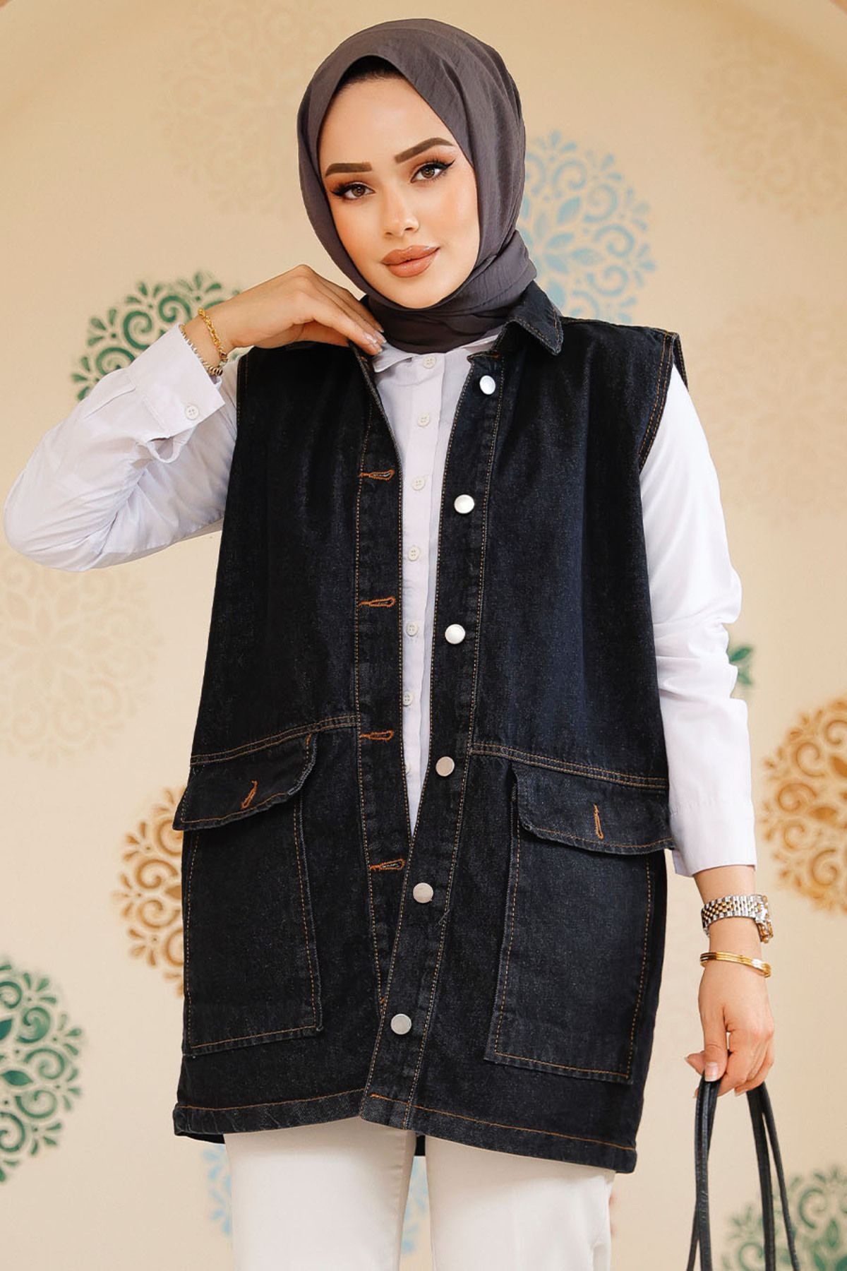 Neva Style-Dark Anthracite Buttoned Hijab Vest - 20444Kant 2