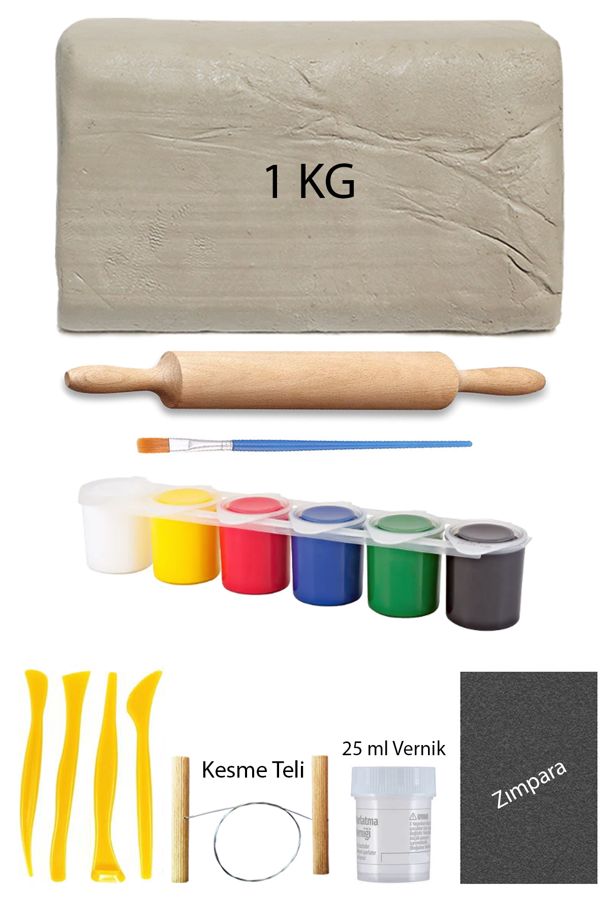 ACUTO Beyaz Seramik Hamuru 1 Kg Kil Ebeşuar Seti 6x15 ml Akrilik Set 25 ml Vernik Ahşap Merdane Zımpara