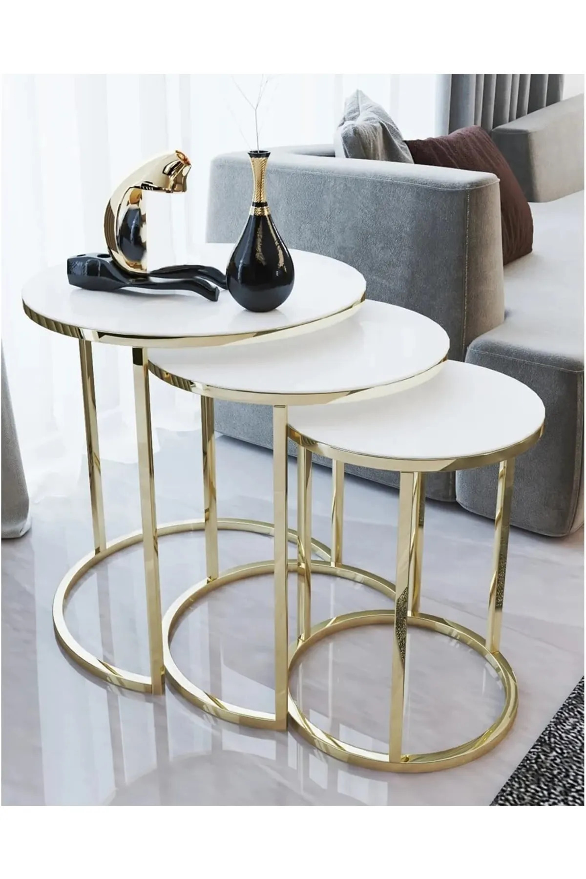 3' Lü Beyaz Temperli Cam Gold Ayak Zigon Sehpa