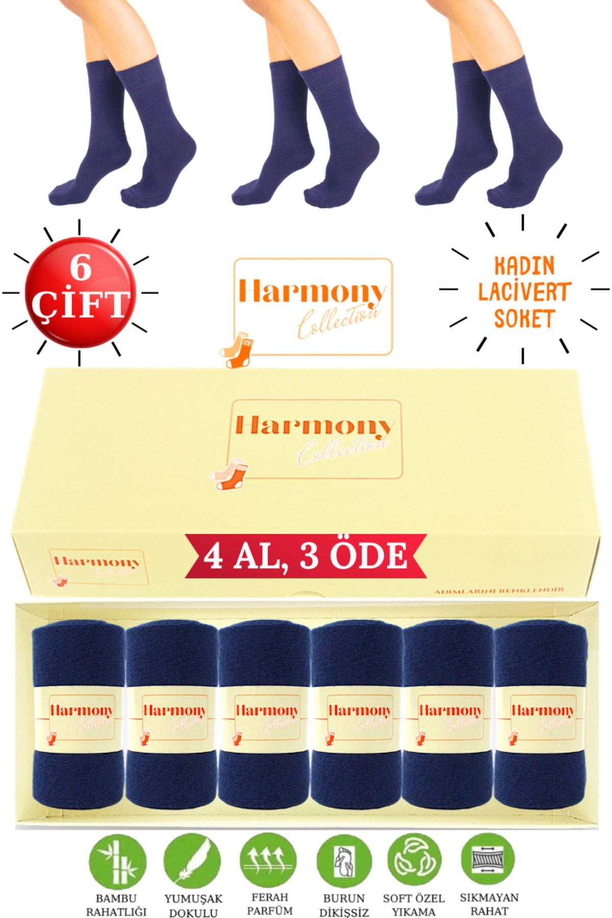Bamboo Women's Navy Blue Long Socket Socks (6 PAIRS) with Special Box, Seamless Toe, Premium Socks