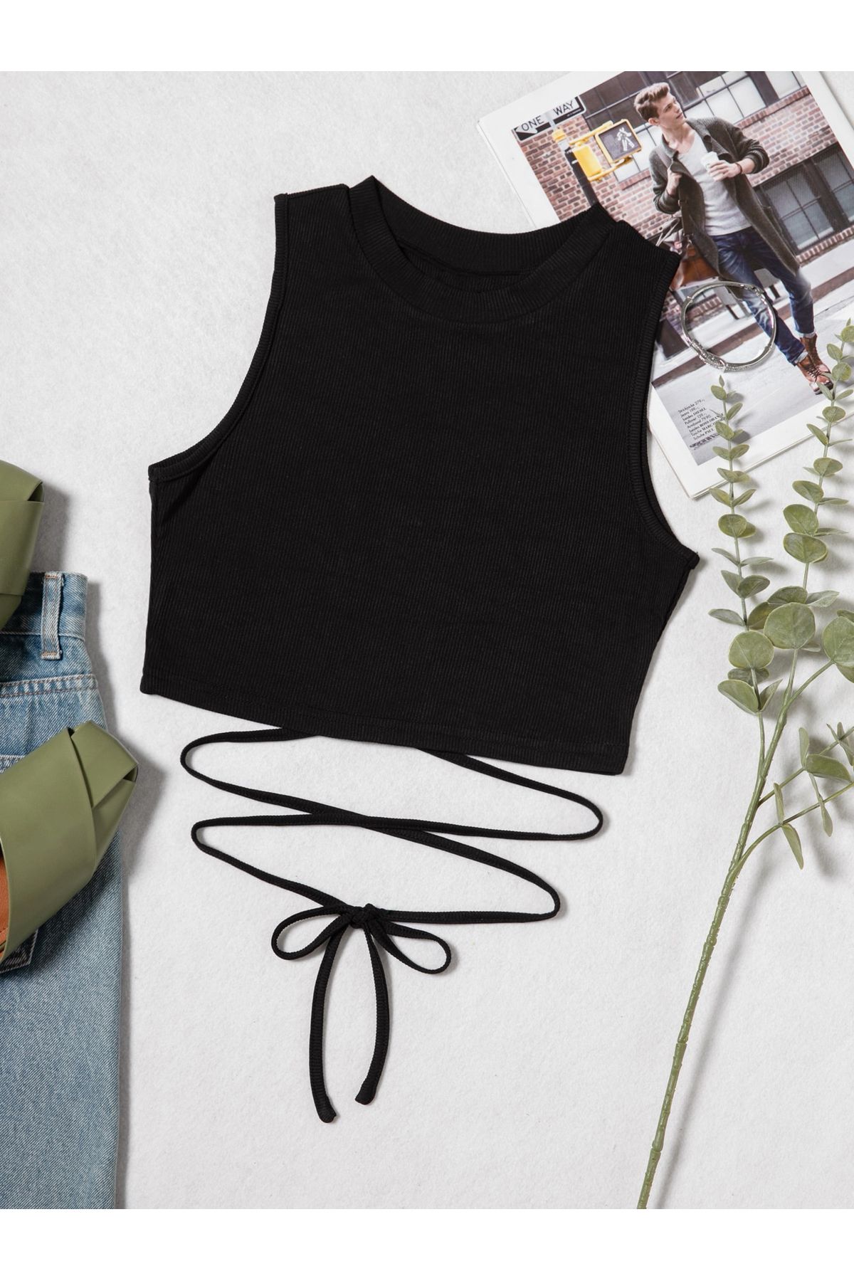 Liona-Black Color Crew Neck Plain Patternless Lycra Drawstring Ribbed Camisole Crop Top Blouse 2