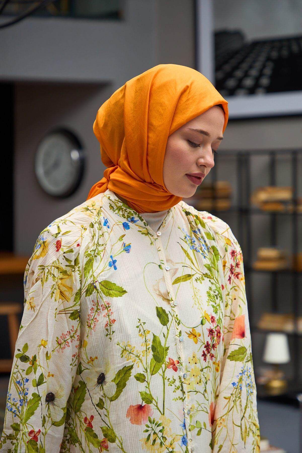 İpekhan-Plain Pattern Voile Shawl Orange Voile Silk Shawl - 9800-11 3