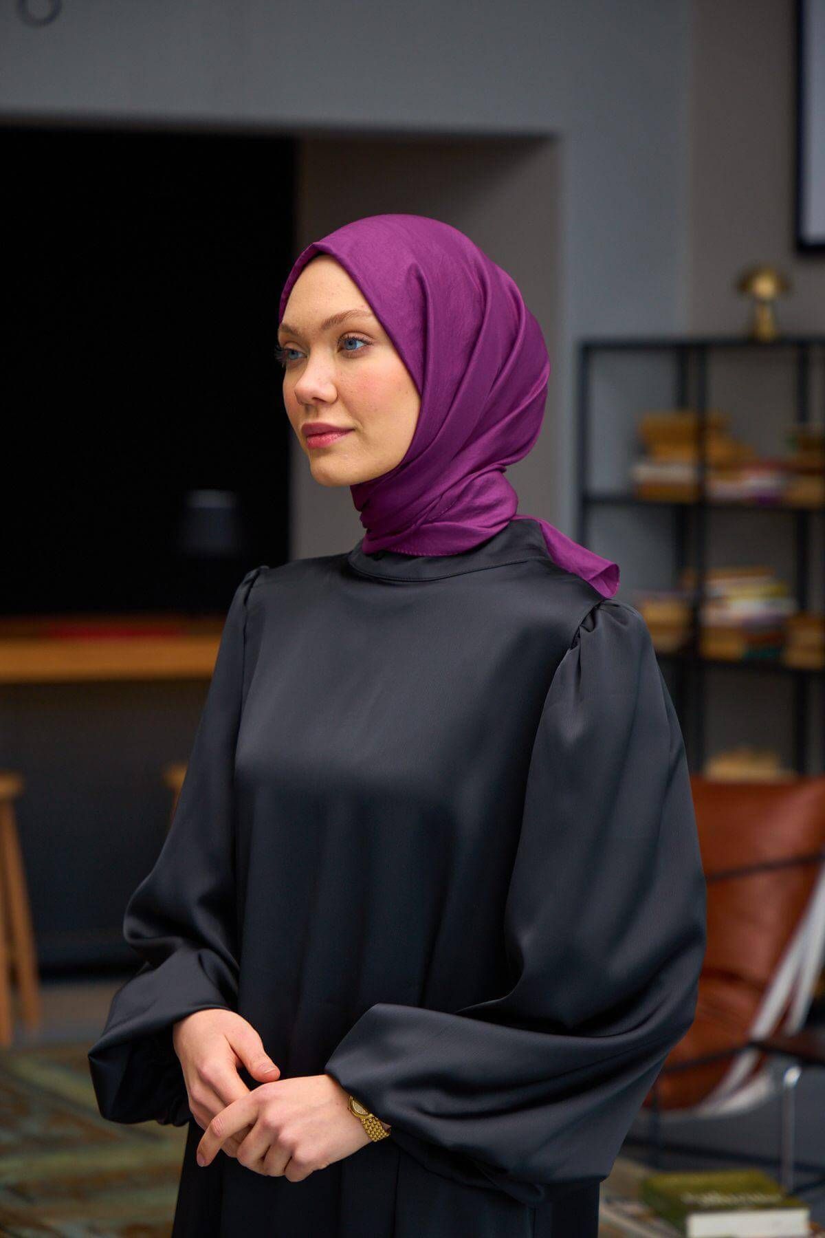 İpekhan-Silk Voile Shawl - Plain Pattern, Plum Color - 9800-15 2