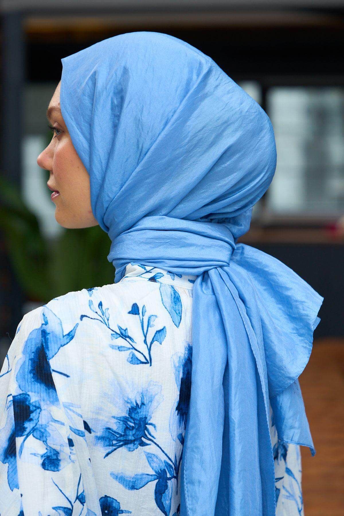 İpekhan-Plain Pattern Voile Shawl Blue Voile Silk Shawl - 9800-05 4