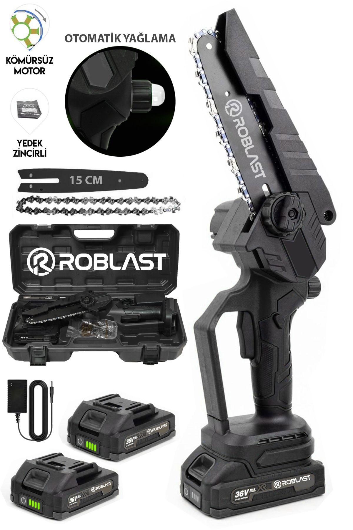 ROBLAST 36V 5Ah Profesyonel Çift Bataryalı Kömürsüz Motor 15Cm Pala Dal budama Testeresi