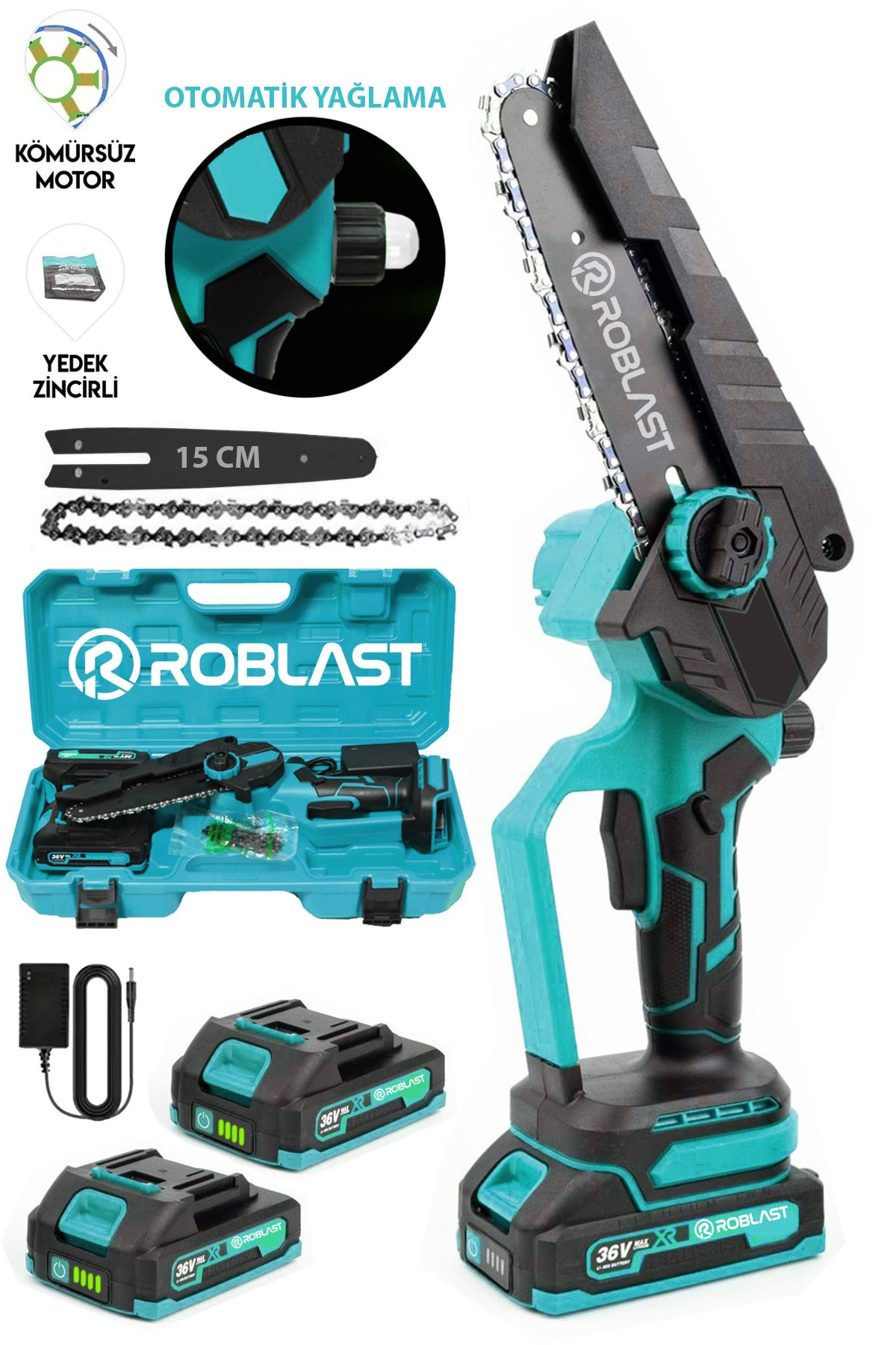 ROBLAST 36v 5ah Profesyonel Çift Bataryalı Kömürsüz Motor 15cm Pala Dal Budama Testeresi