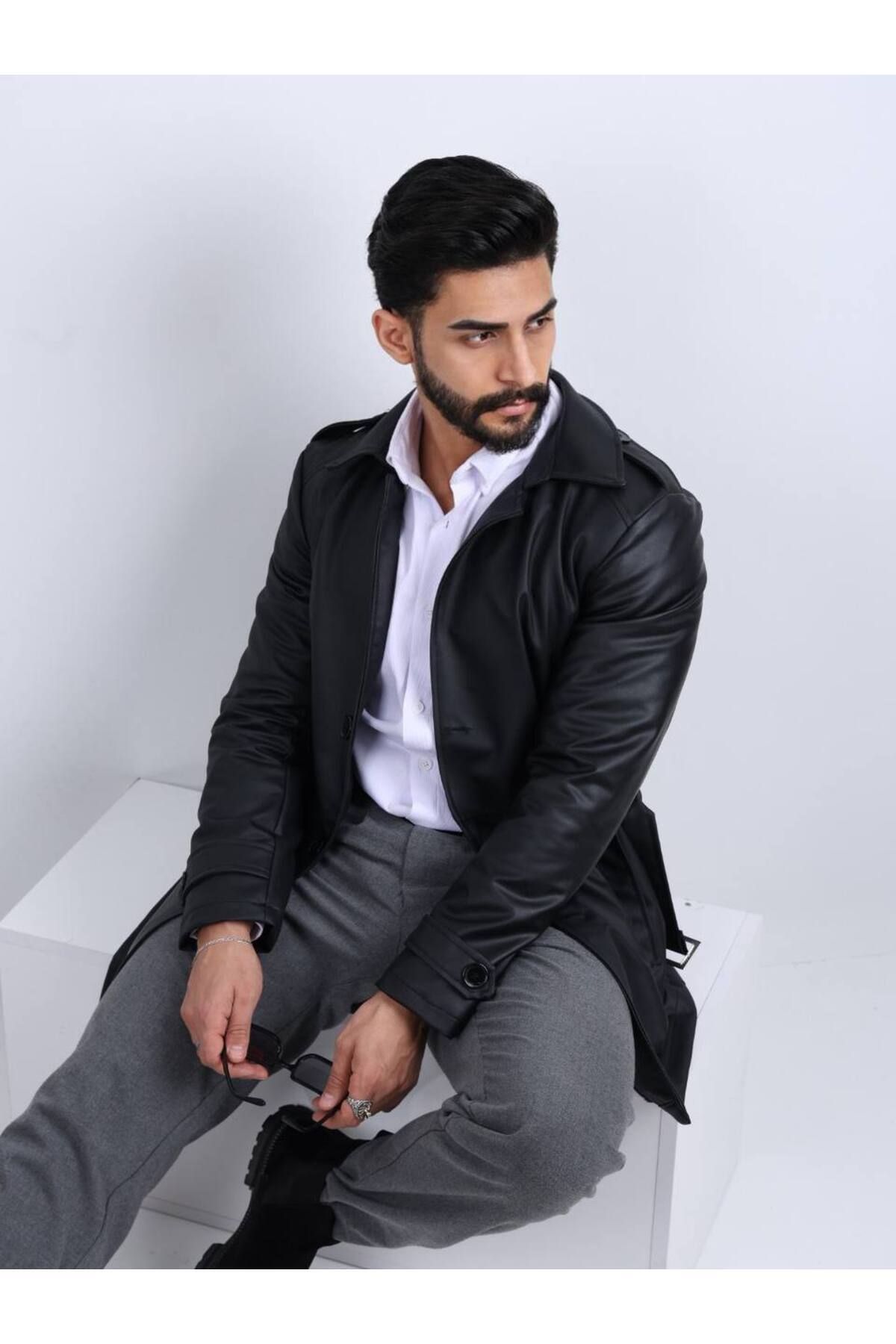 geyigo-Men's Long Leather Jacket 7