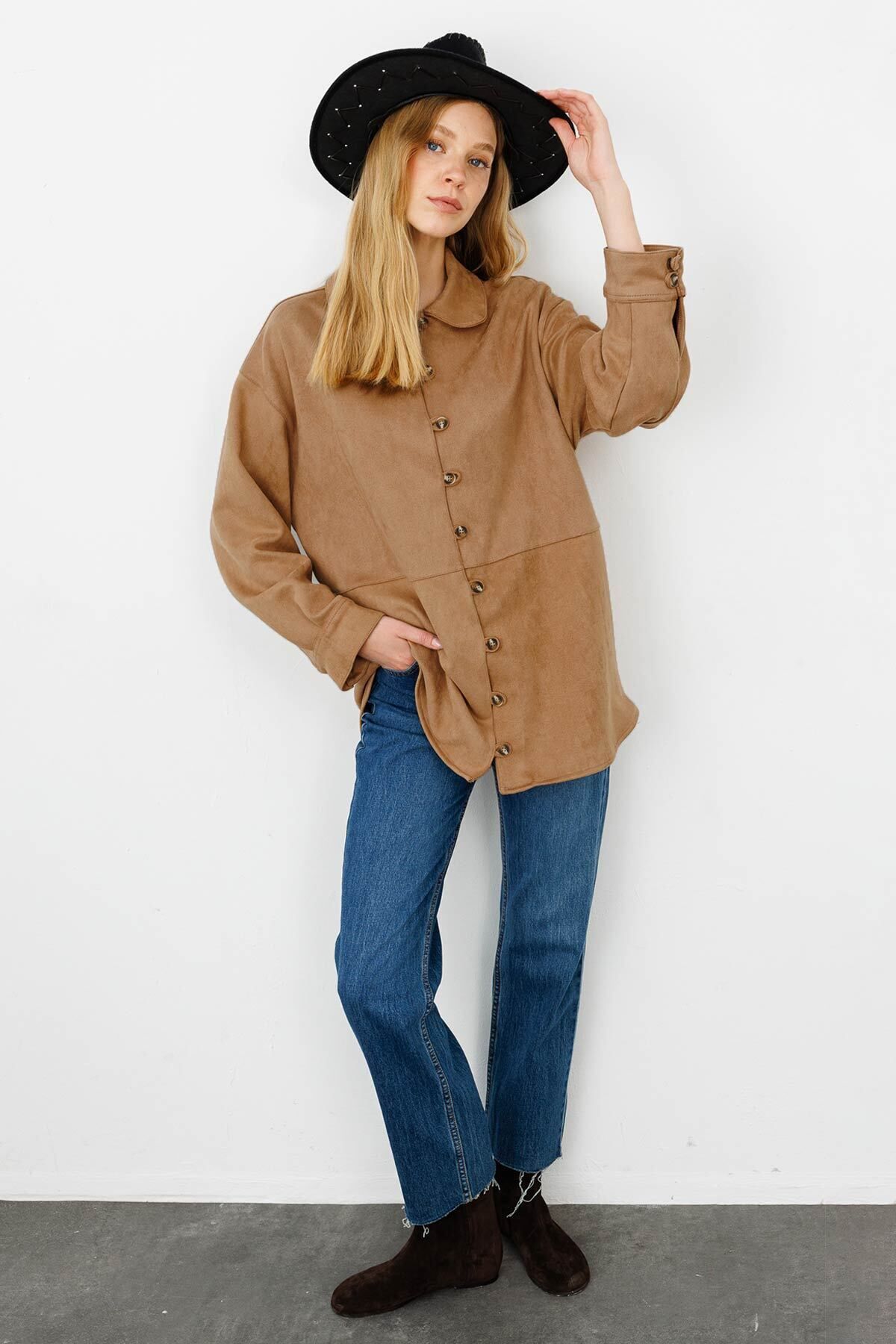 Hooopstore-Suede Birit Detailed Camel Suede Shirt 8