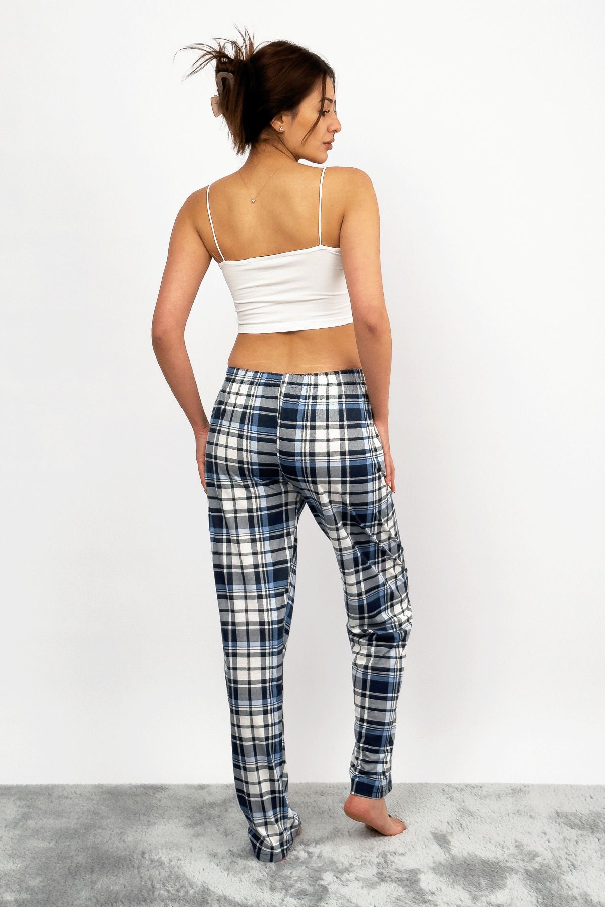 Betimoda-Women's Cotton Plaid Patterned Pajama Bottoms Tracksuit with Ribbon Light Blue White Square 4