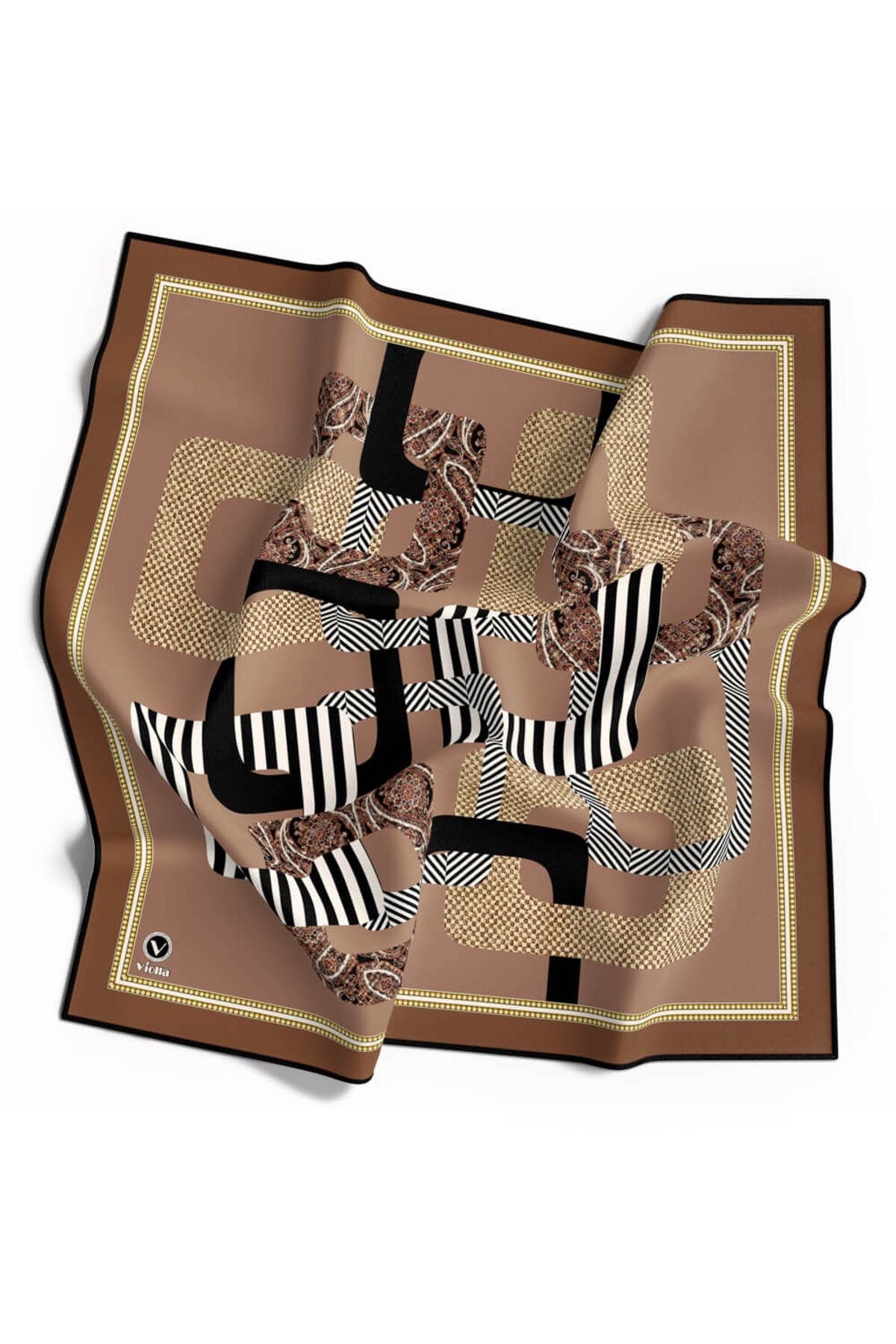 VİOLLA-90X90 Geometric Pattern Copper Color Silk Free Twill Scarf 1