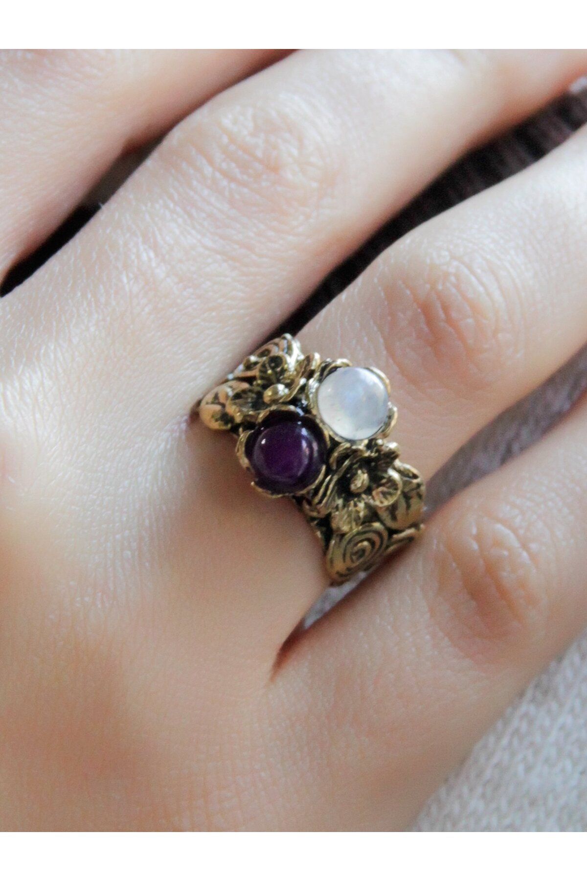 esha-Natural Stone Double Flower Motif Women's Ring Amethyst - Ancient and Adjustable Euy22Aamt 4