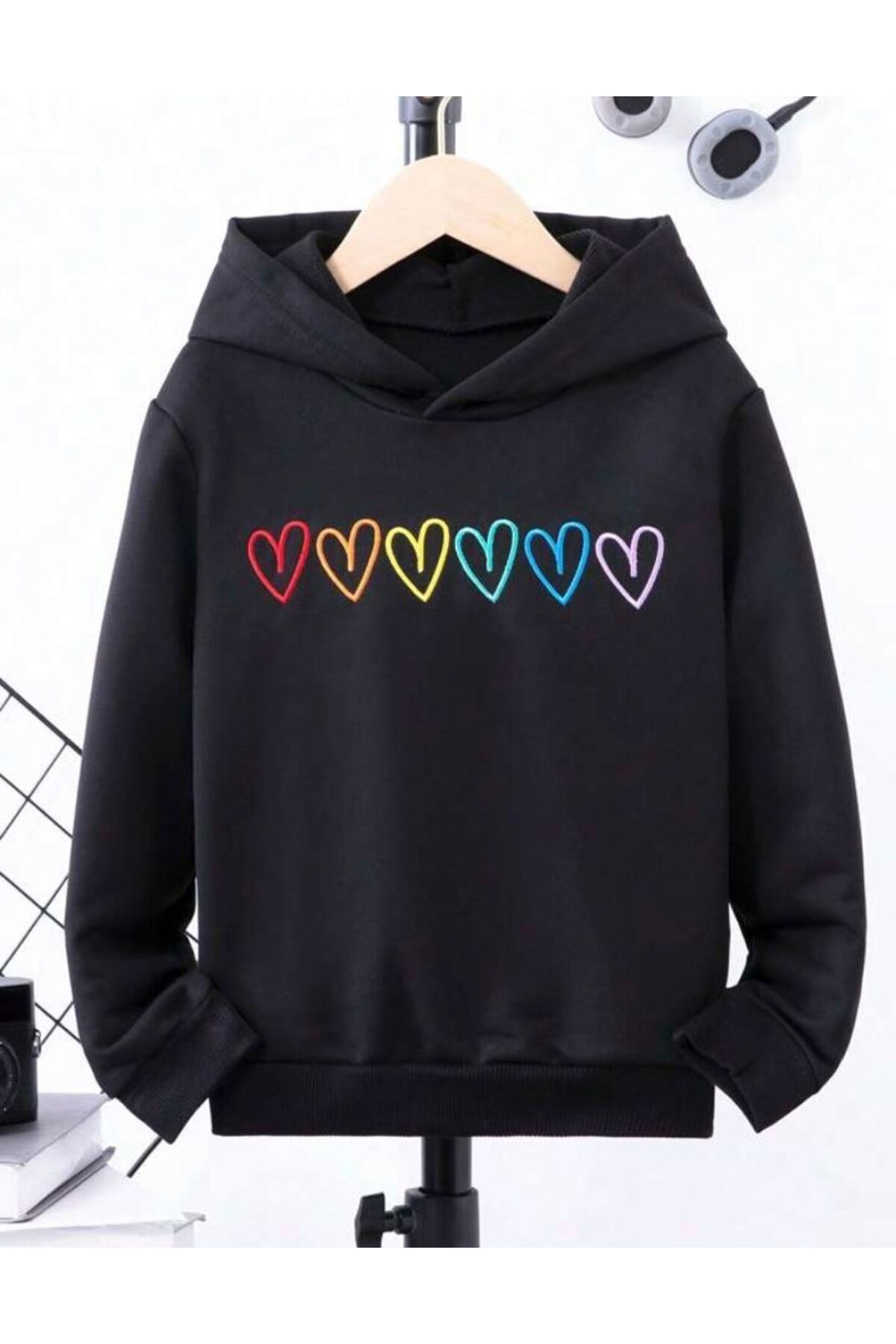 FoxSkin Sportswear&Company Renkli Kalpler Pamuklu Çocuk Sweatshirt - Siyah Baskılı Kız Erkek Çocuk Kışlık Cepli Kapüşonlu