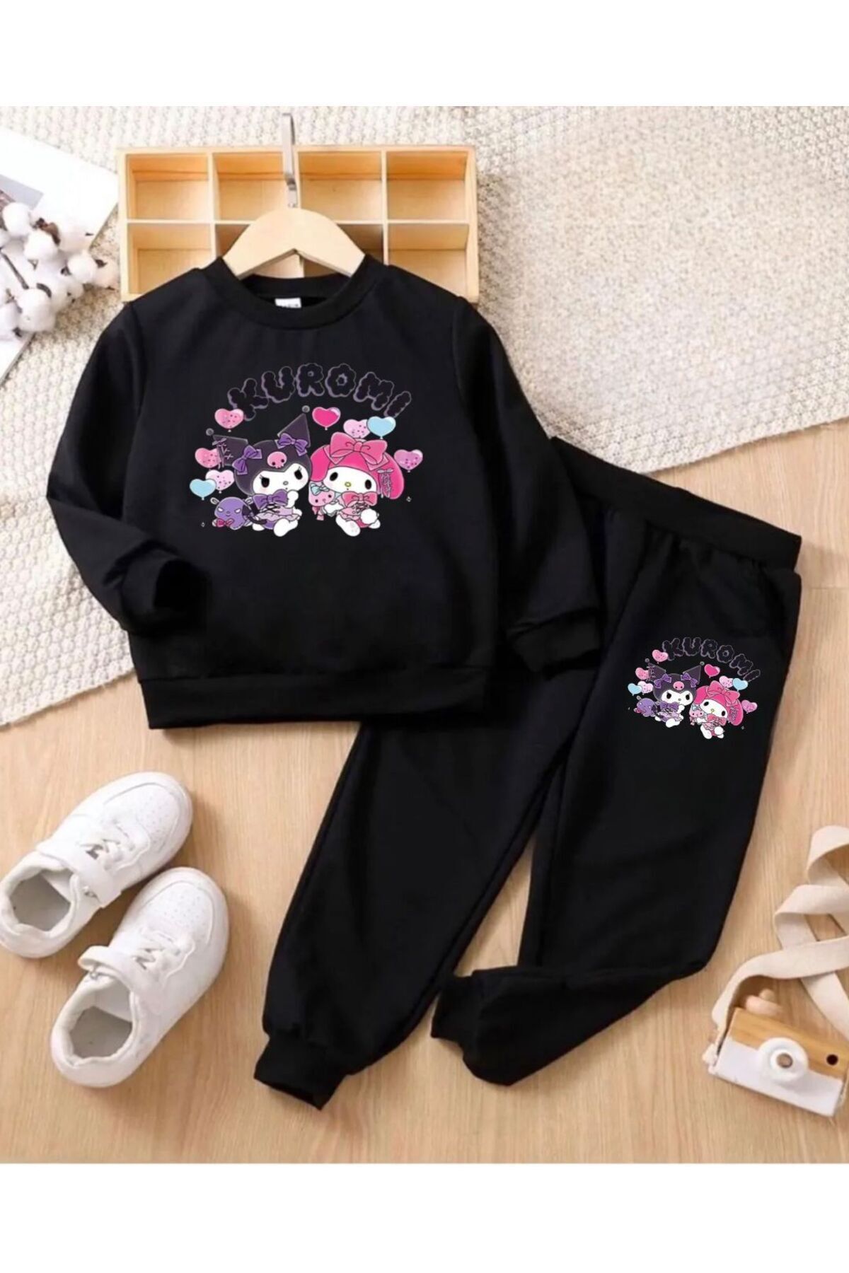 FoxSkin Sportswear&Company Kuromi Pamuk Çocuk Takım - Siyah Sweatshirt Jogger Baskılı Kız Erkek Çocuk Bisiklet Yaka
