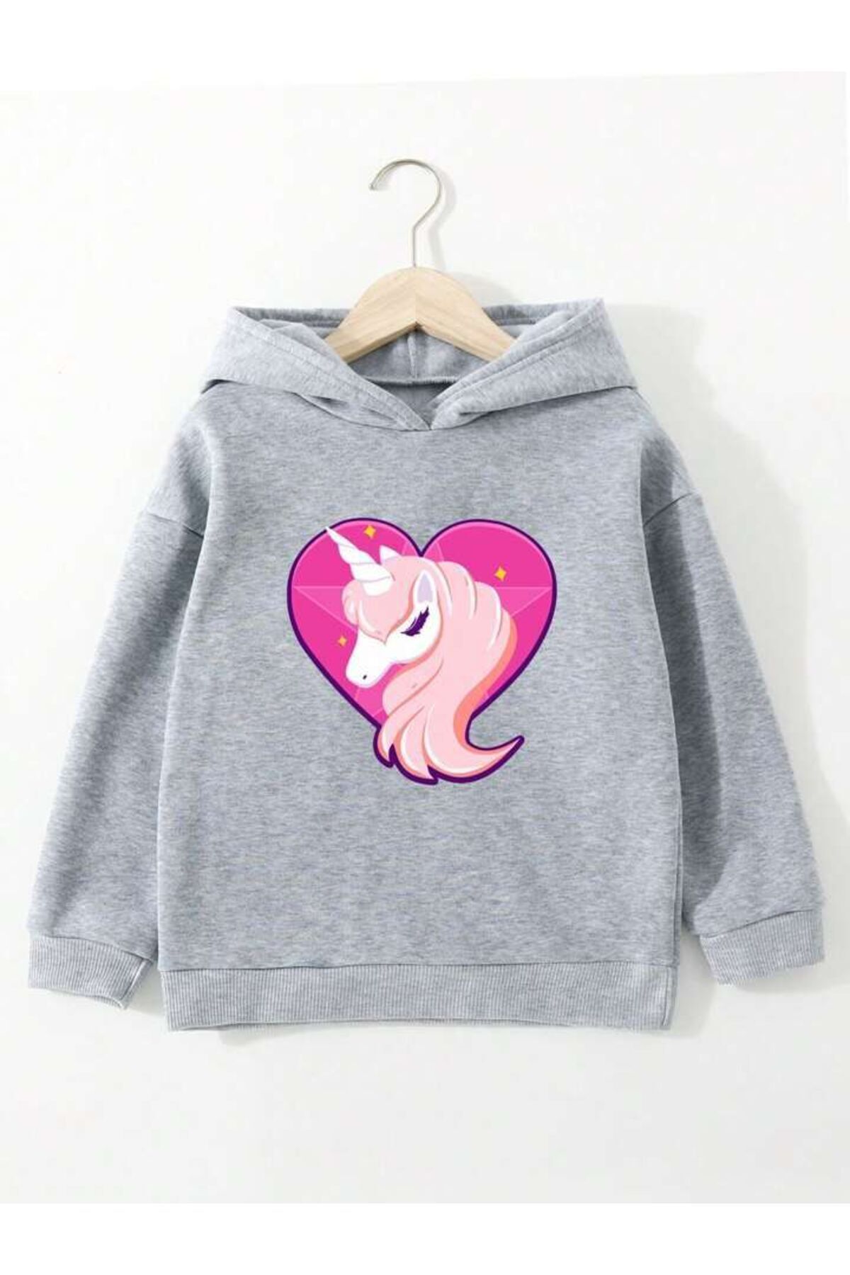FoxSkin Sportswear&Company Umicorn Kalp Pamuklu Çocuk Sweatshirt - Gri Baskılı Kız Erkek Çocuk Kışlık Cepli Kapüşonlu