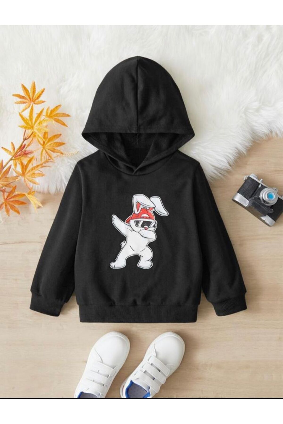 FoxSkin Sportswear&Company Dansçı Tavşan Pamuklu Çocuk Sweatshirt - Siyah Baskılı Kız Erkek Çocuk Kışlık Cepli Kapüşonlu