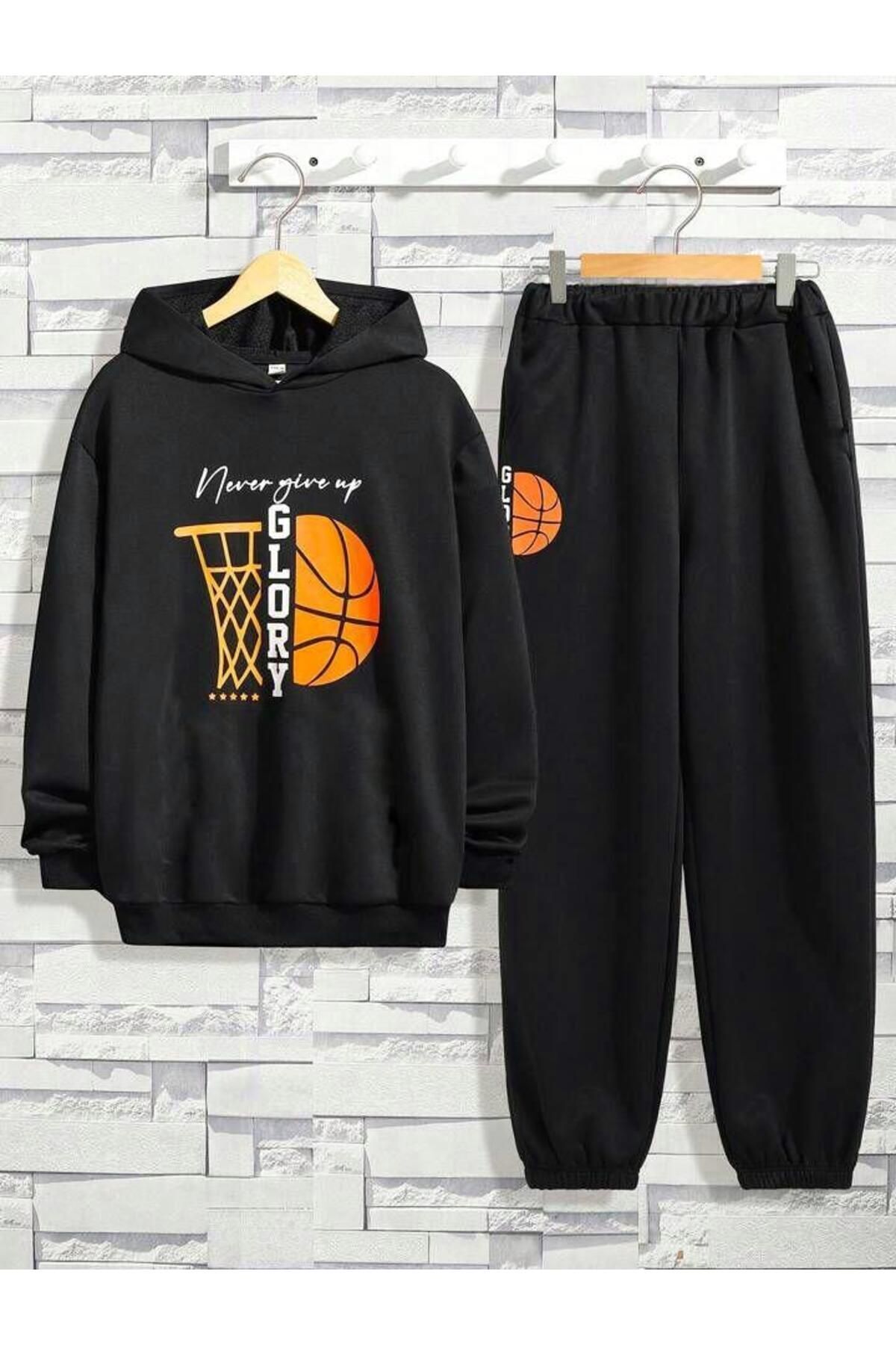 FoxSkin Sportswear&Company Glory Basketball Pamuk Çocuk Takım - Siyah Sweatshirt Jogger Baskılı Kız Erkek Çocuk Kapüşonlu