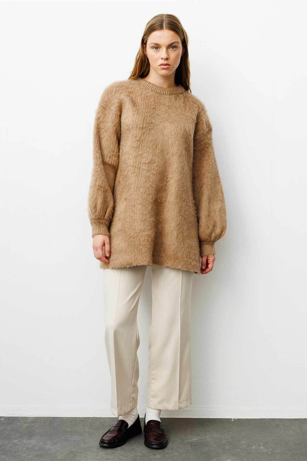 Hooopstore-Belted Bird Eyed Camel Sweater 7