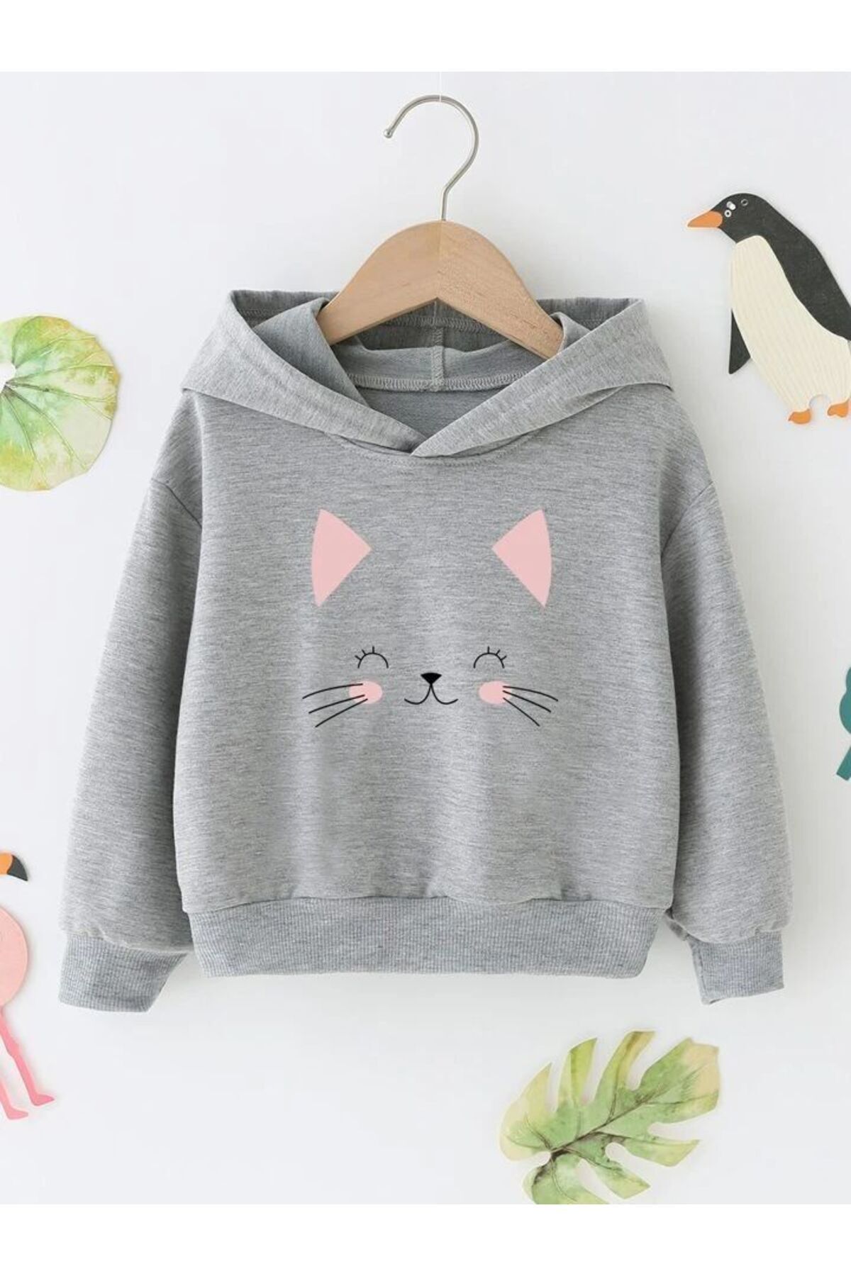 FoxSkin Sportswear&Company Kedi Desen Pamuklu Çocuk Sweatshirt - Gri Baskılı Kız Erkek Çocuk Kışlık Cepli Kapüşonlu