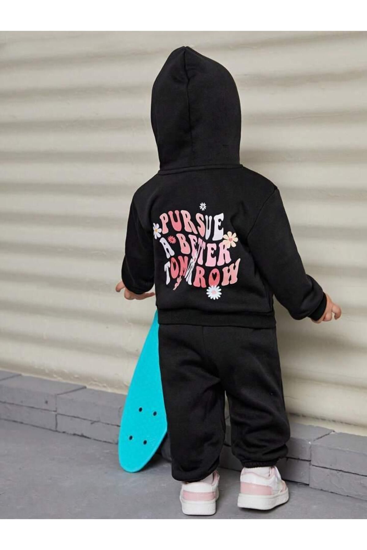 FoxSkin Sportswear&Company Pursue Çiçek Pamuk Çocuk Takım - Siyah Sweatshirt Jogger Baskılı Kız Erkek Çocuk Kapüşonlu