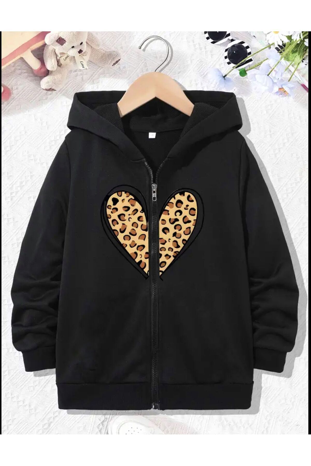 FoxSkin Sportswear&Company Leopar Kalp Pamuklu Çocuk Fermuarlı Hırka - Siyah Baskılı Kız Erkek Çocuk Kışlık Kapüşonlu
