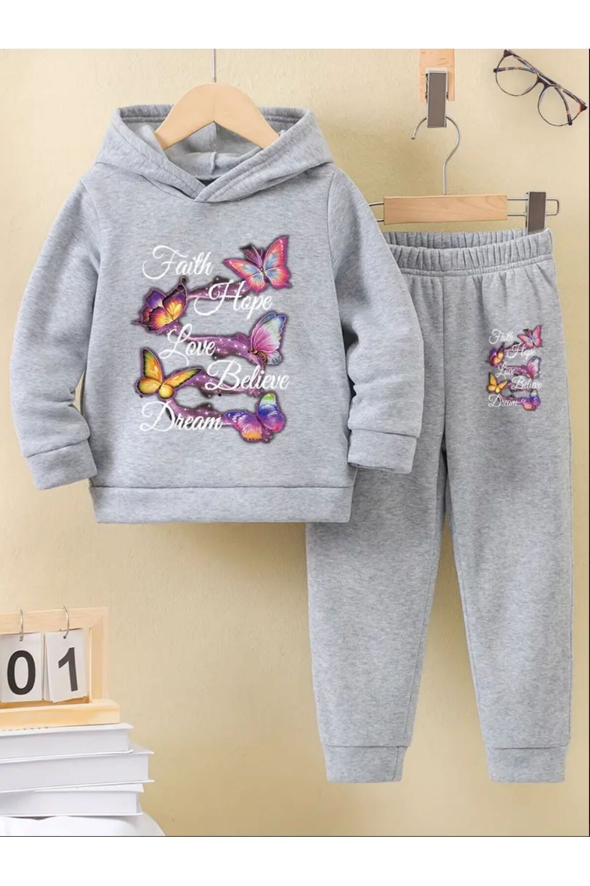 FoxSkin Sportswear&Company Believe Butterfly Pamuk Çocuk Takım - Gri Sweatshirt Jogger Baskılı Kız Erkek Çocuk Kapüşonlu