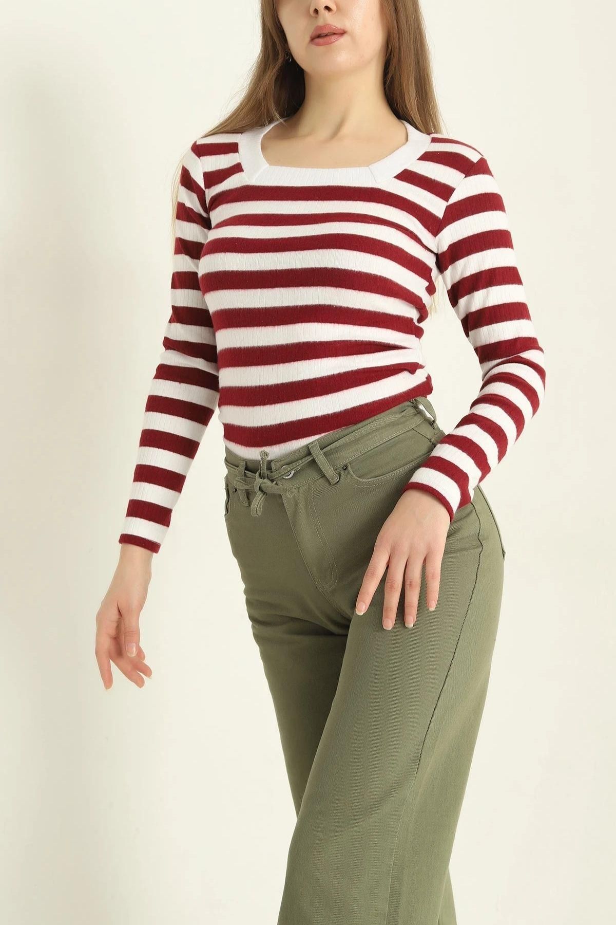 Mossta-Square Neck Striped Knitwear Basic Blouse 1