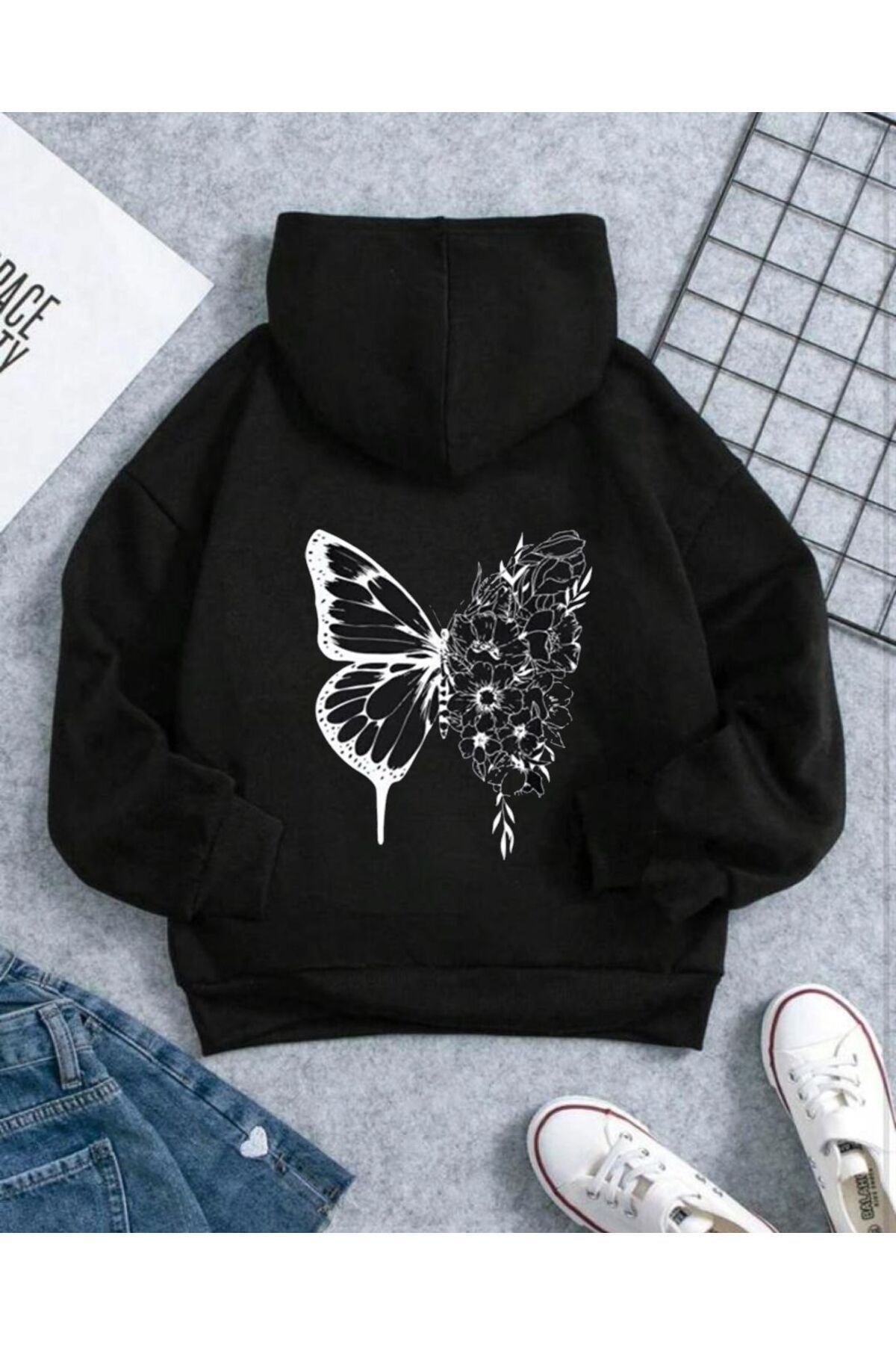 FoxSkin Sportswear&Company Kelebek Çiçek Desen Pamuklu Çocuk Sweatshirt - Siyah Baskılı Kız Erkek Çocuk Kışlık Cepli Kapüşonlu