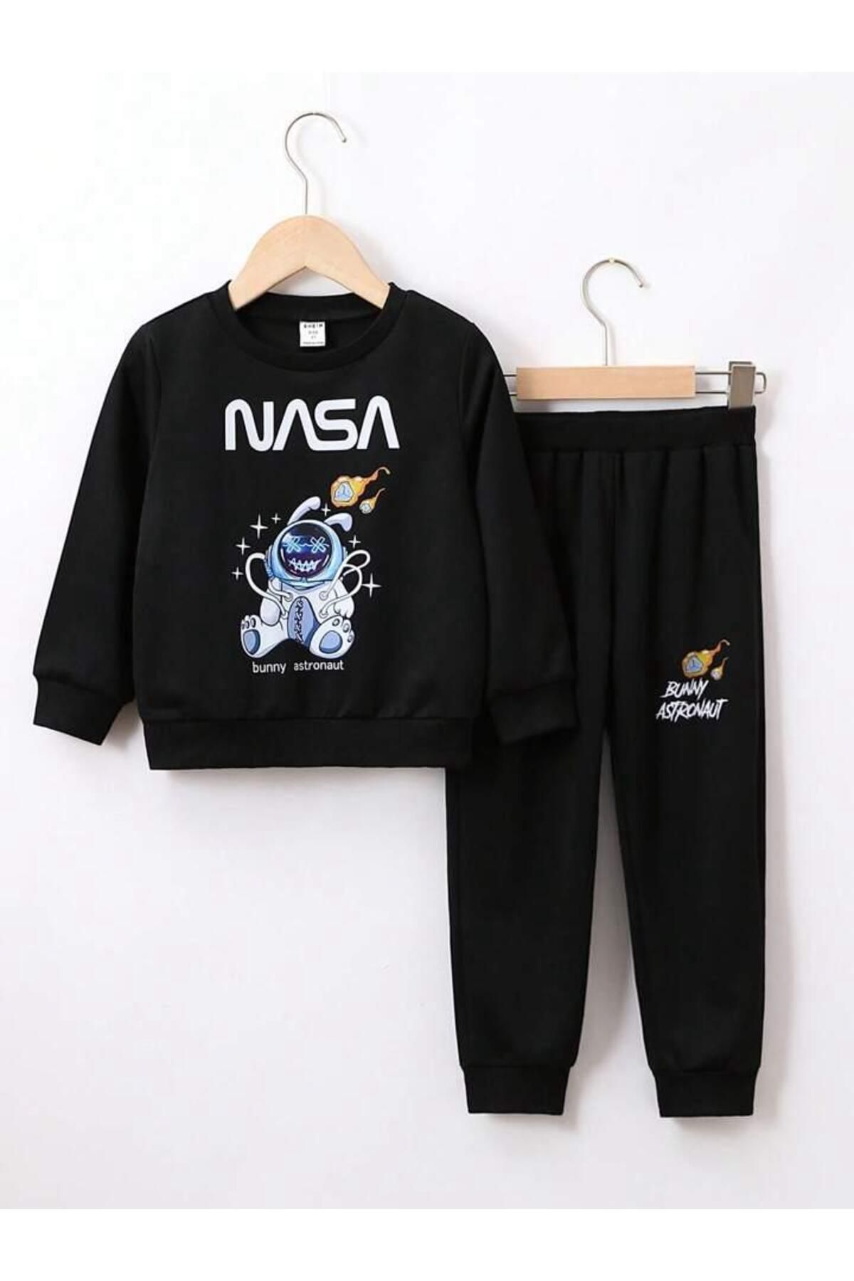 FoxSkin Sportswear&Company Nasa Bunny Pamuk Çocuk Takım - Siyah Sweatshirt Jogger Baskılı Kız Erkek Çocuk Bisiklet Yaka
