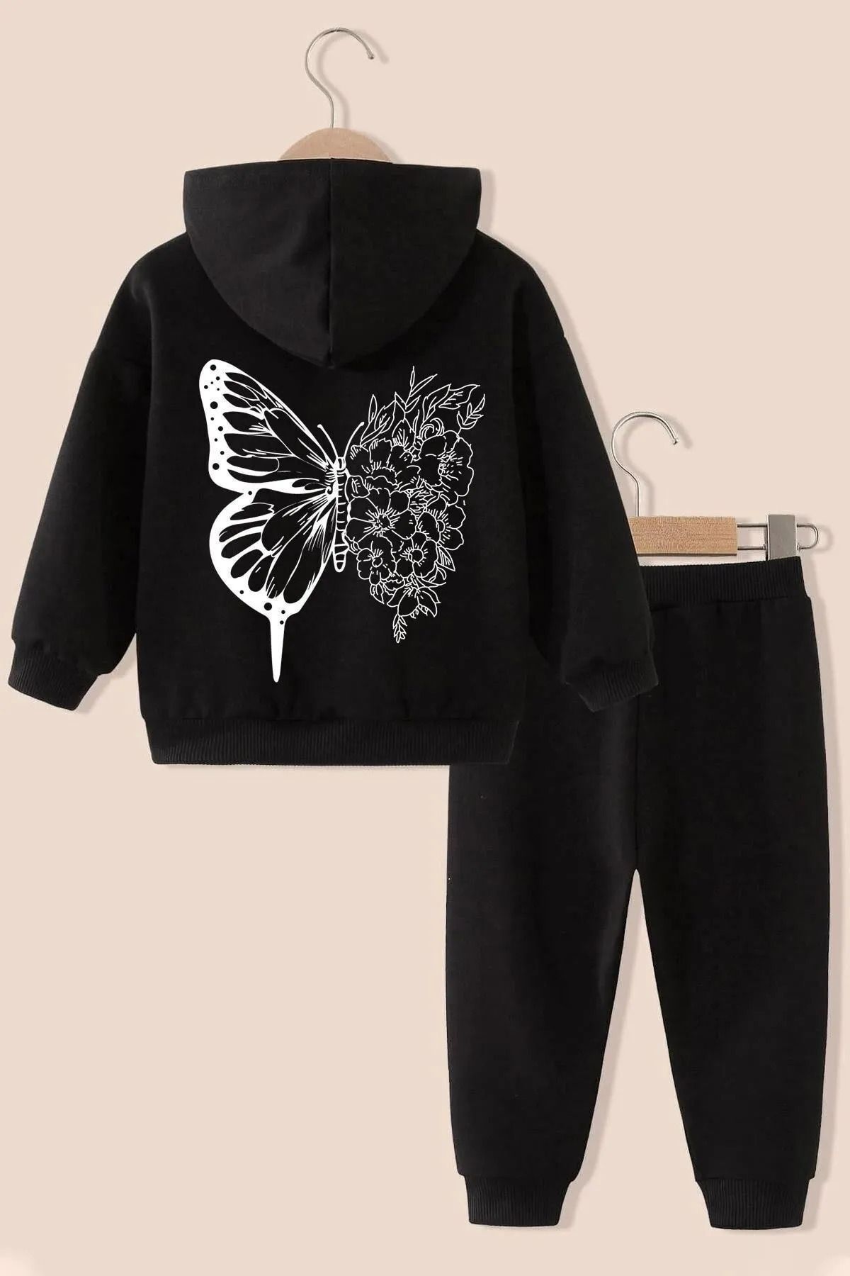 FoxSkin Sportswear&Company Flower Butterfly Pamuk Çocuk Takım - Siyah Sweatshirt Jogger Baskılı Kız Erkek Çocuk Kapüşonlu
