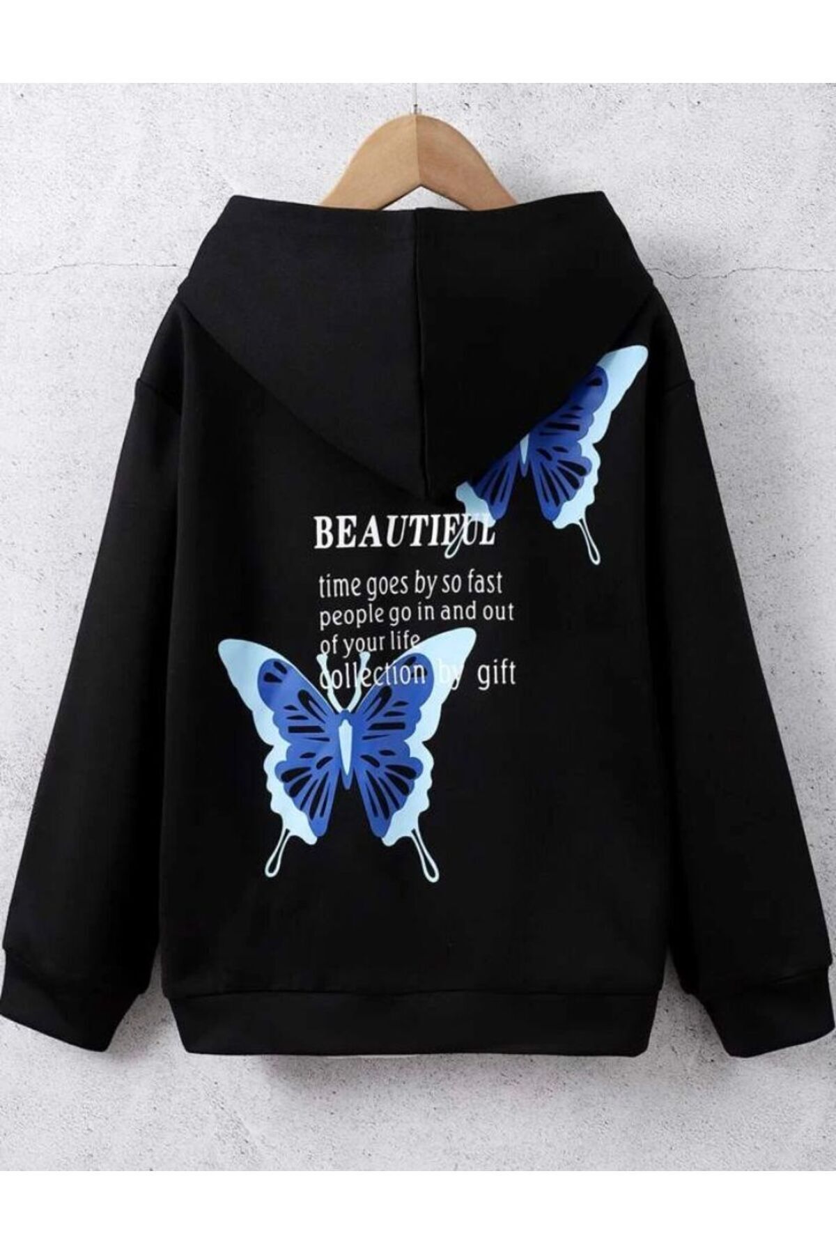 FoxSkin Sportswear&Company Beatiful Butterflys Pamuklu Çocuk Sweatshirt - Siyah Baskılı Kız Erkek Çocuk Kışlık Cepli Kapüşonlu