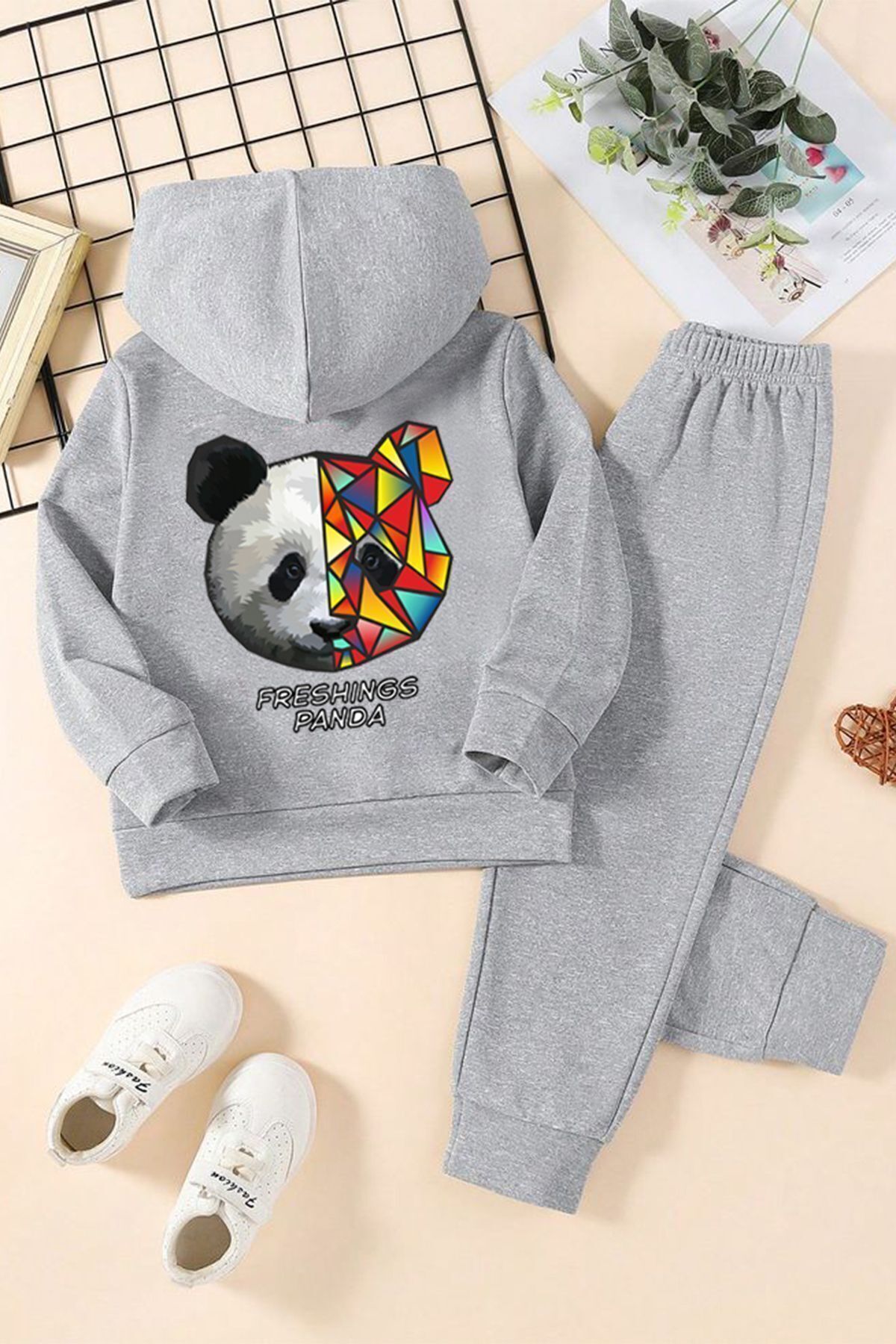 FoxSkin Sportswear&Company Freshings Panda Pamuk Çocuk Takım - Gri Sweatshirt Jogger Baskılı Kız Erkek Çocuk Kapüşonlu