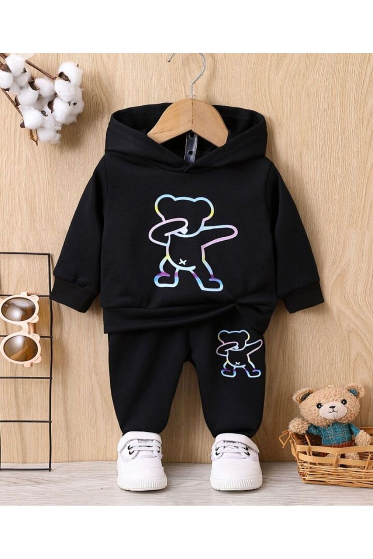 FoxSkin Sportswear&Company X Ayı Pamuk Çocuk Takım - Siyah Sweatshirt Jogger Baskılı Kız Erkek Çocuk Kapüşonlu