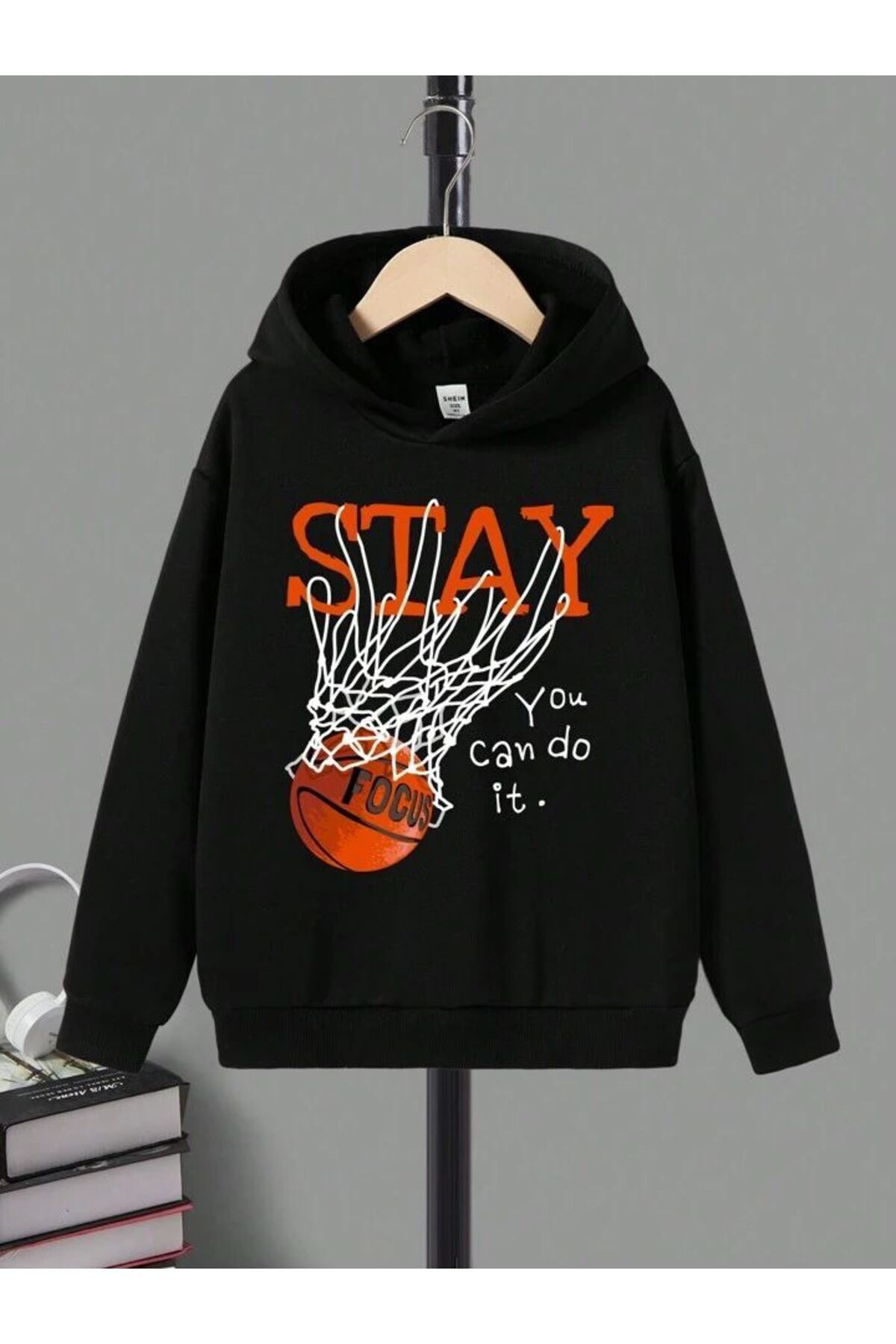 FoxSkin Sportswear&Company Stay Focus Pamuklu Çocuk Sweatshirt - Siyah Baskılı Kız Erkek Çocuk Kışlık Cepli Kapüşonlu