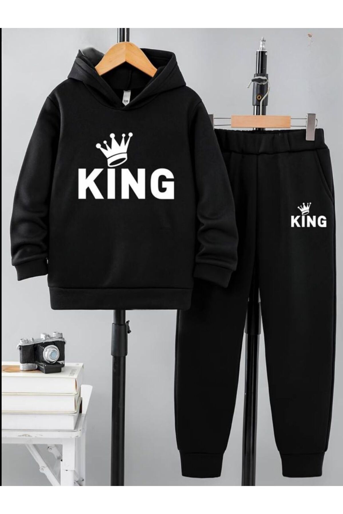 FoxSkin Sportswear&Company King Taç Pamuk Çocuk Takım - Siyah Sweatshirt Jogger Baskılı Kız Erkek Çocuk Kapüşonlu