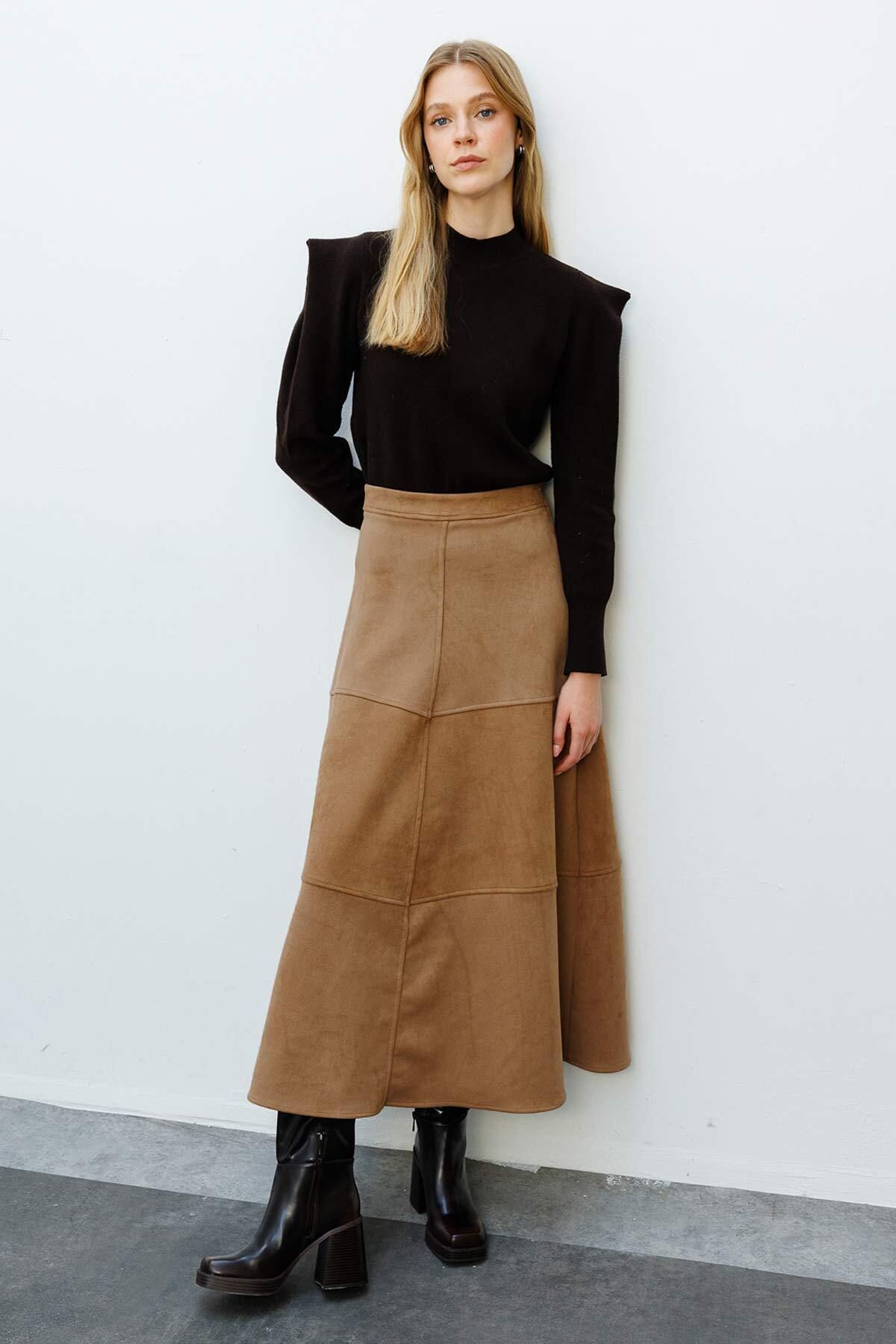 Hooopstore-Suede Suede Camel Long Skirt 5