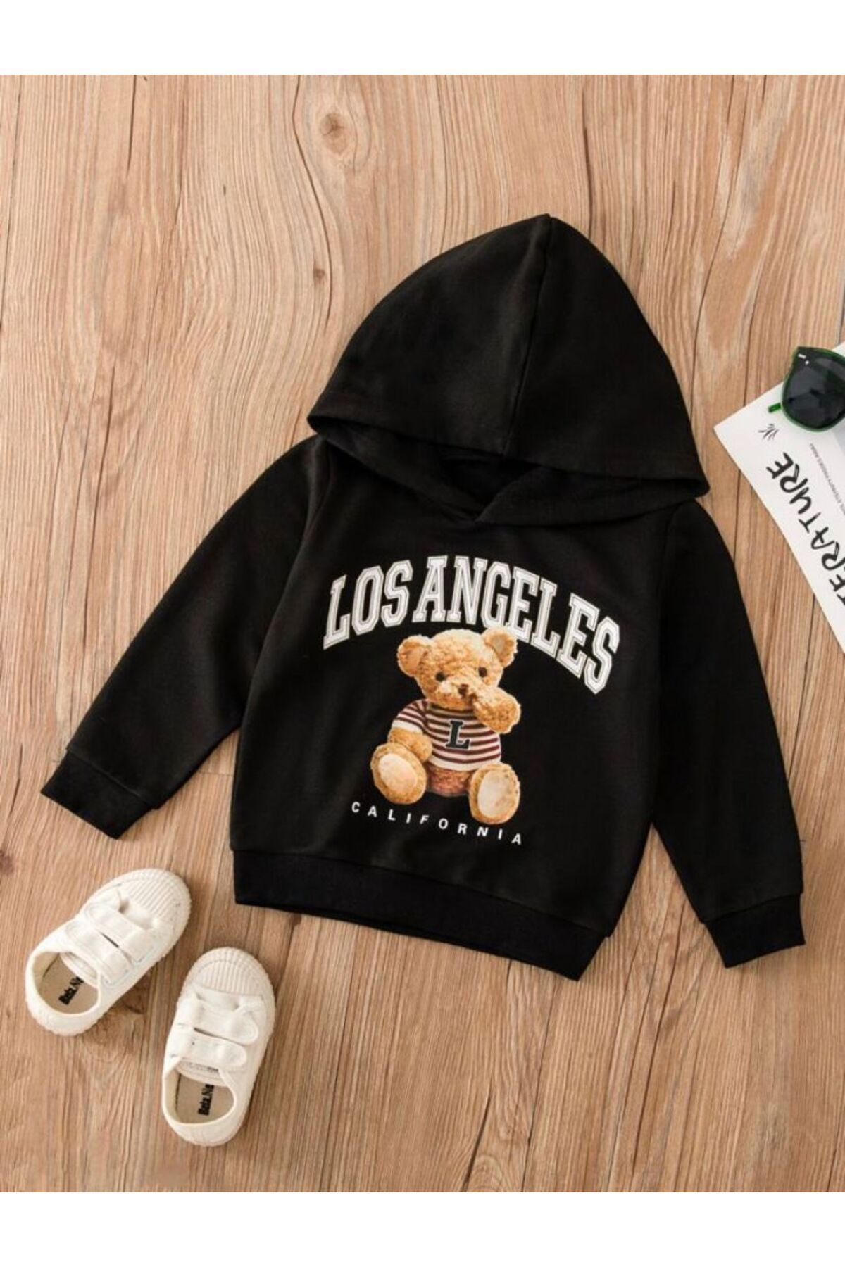 FoxSkin Sportswear&Company Los Angeles Bear Pamuklu Çocuk Sweatshirt - Siyah Baskılı Kız Erkek Çocuk Kışlık Cepli Kapüşonlu