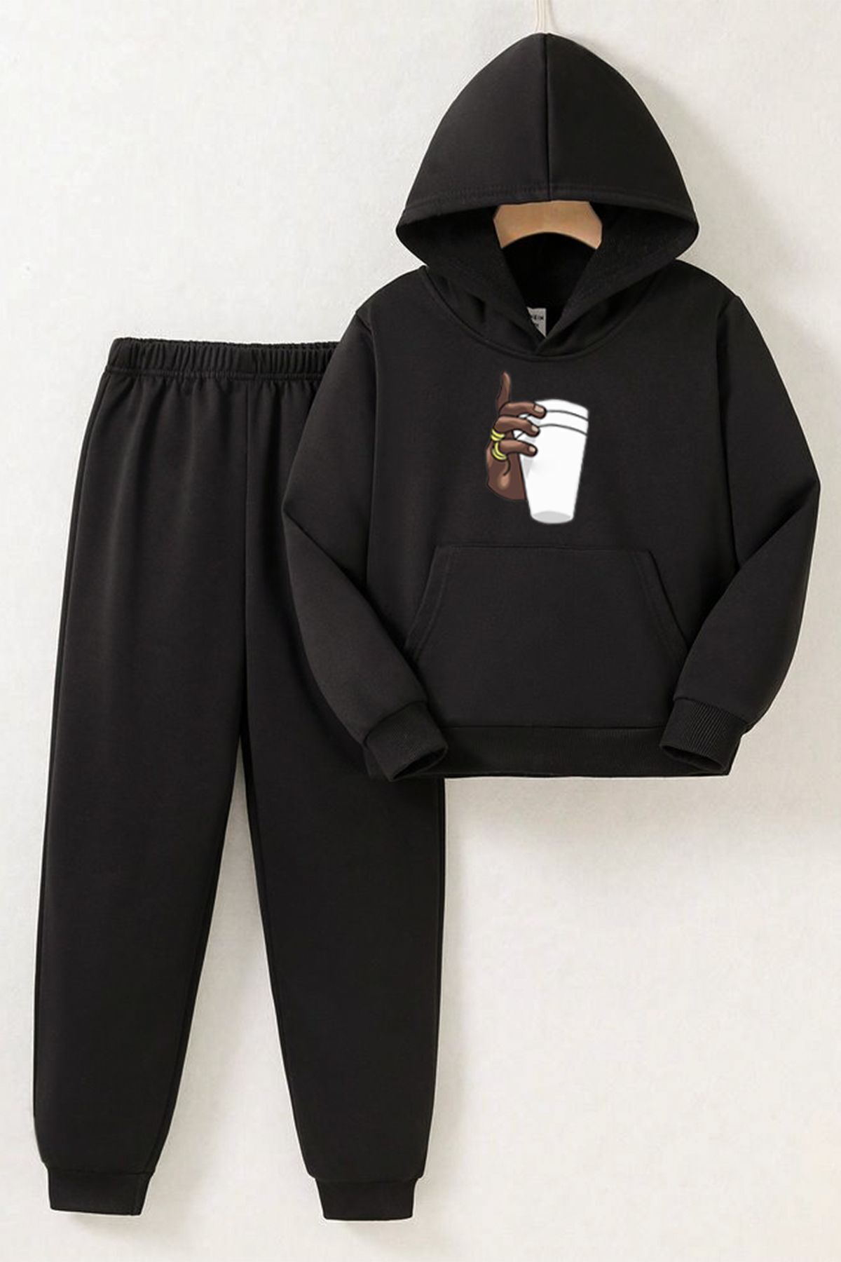 FoxSkin Sportswear&Company El Bardak Pamuk Çocuk Takım - Siyah Sweatshirt Jogger Baskılı Kız Erkek Çocuk Kapüşonlu