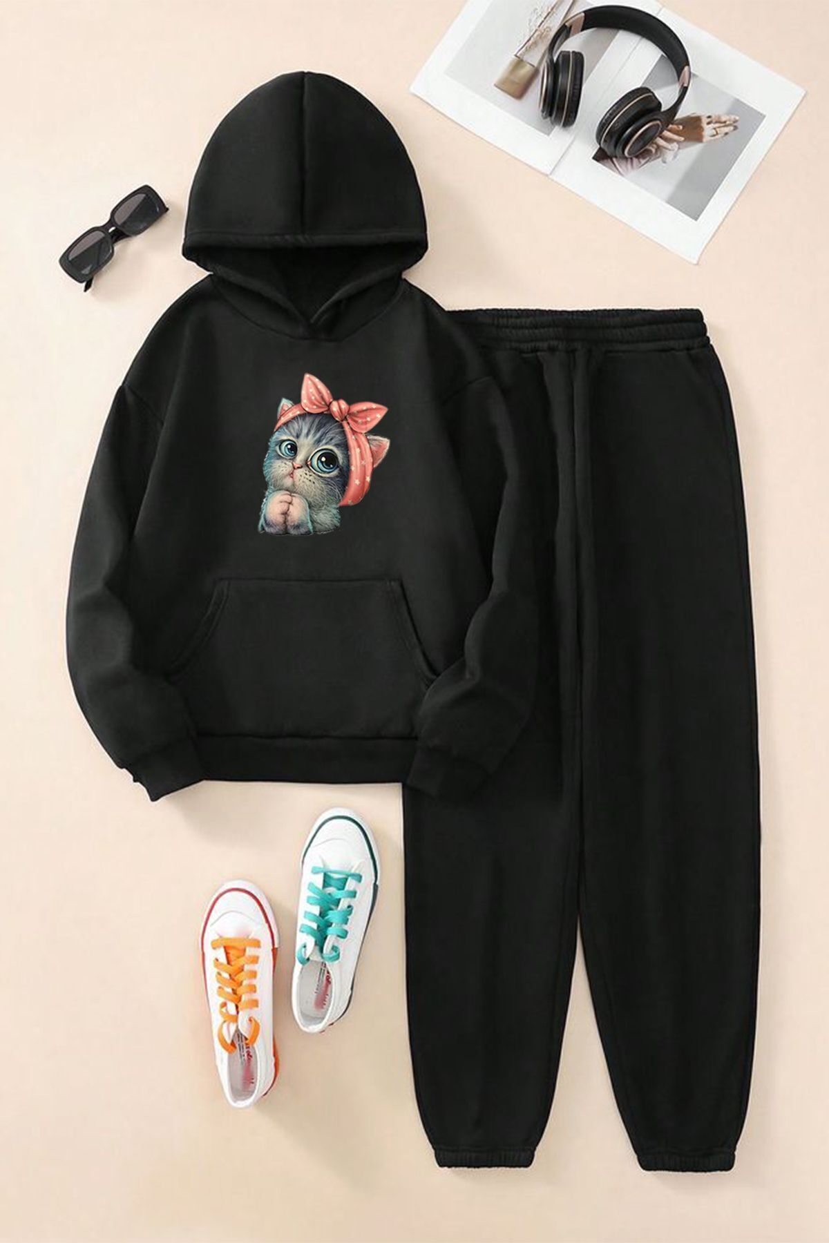 FoxSkin Sportswear&Company Tatlı Kedi Pamuk Çocuk Takım - Siyah Sweatshirt Jogger Baskılı Kız Erkek Çocuk Kapüşonlu