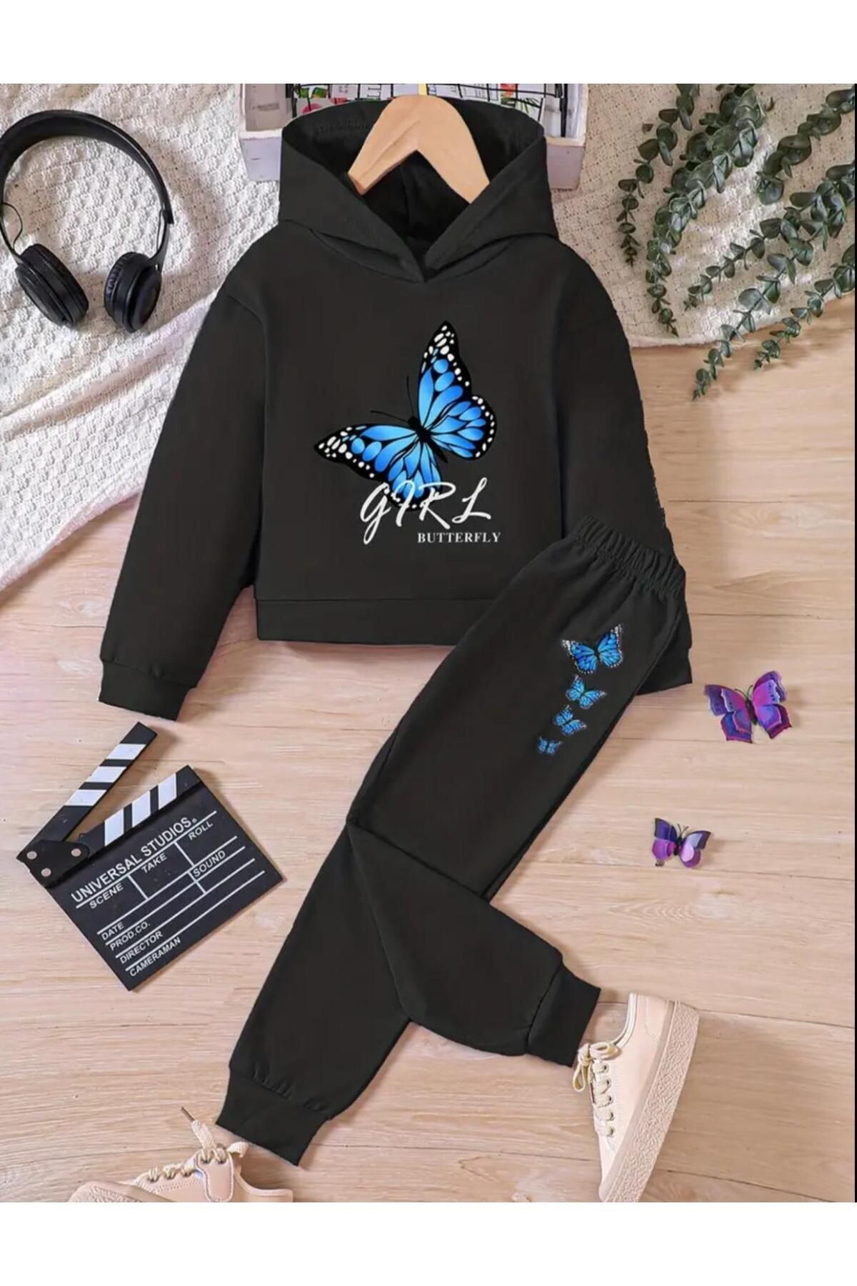 FoxSkin Sportswear&Company Girl Butterfly Pamuk Çocuk Takım - Siyah Sweatshirt Jogger Baskılı Kız Erkek Çocuk Kapüşonlu