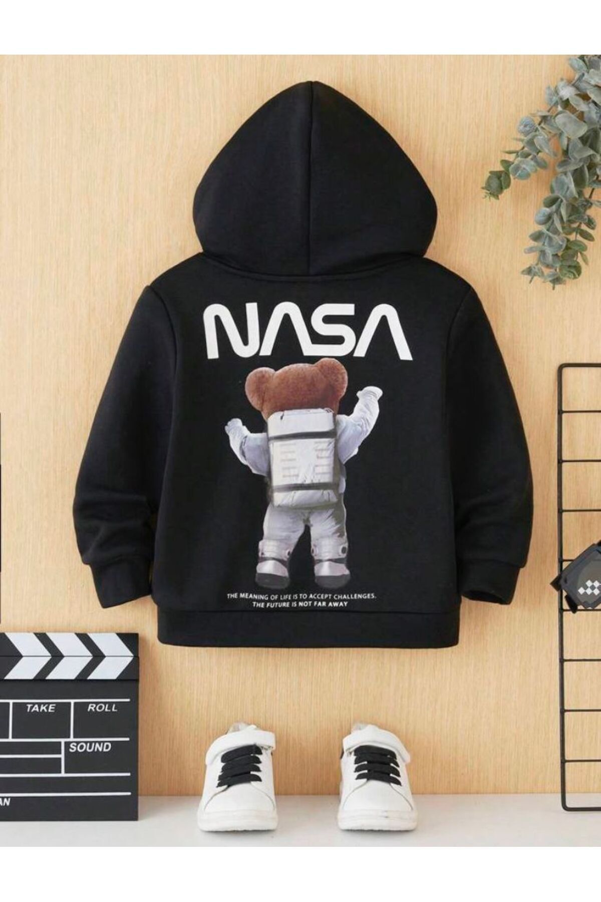 FoxSkin Sportswear&Company Nasa Bear Pamuklu Çocuk Sweatshirt - Siyah Baskılı Kız Erkek Çocuk Kışlık Cepli Kapüşonlu