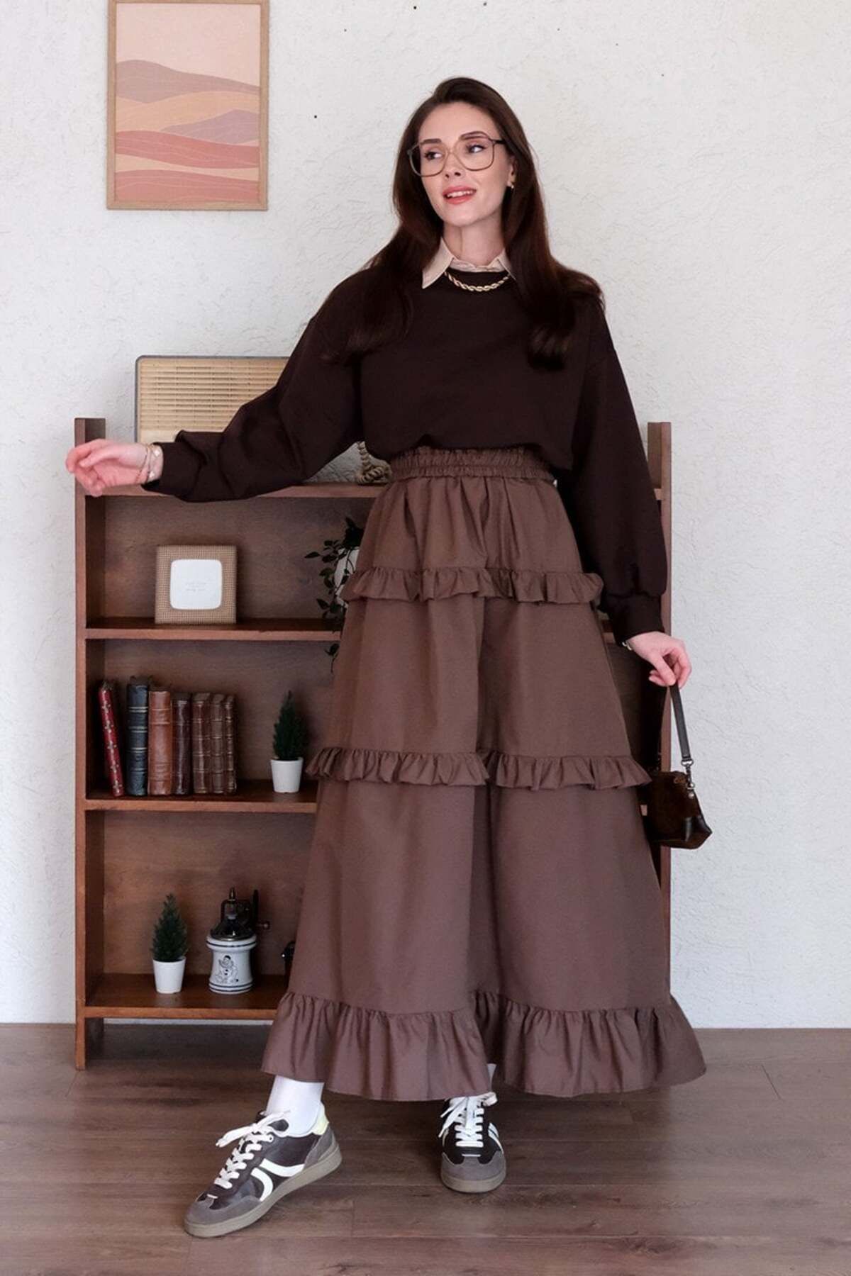 Ceylan Otantik-Bitter Brown Three Layer Ruffle Detailed Skirt 2