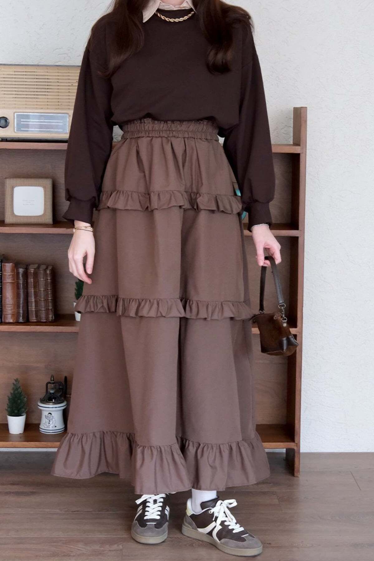 Ceylan Otantik-Bitter Brown Three Layer Ruffle Detailed Skirt 8